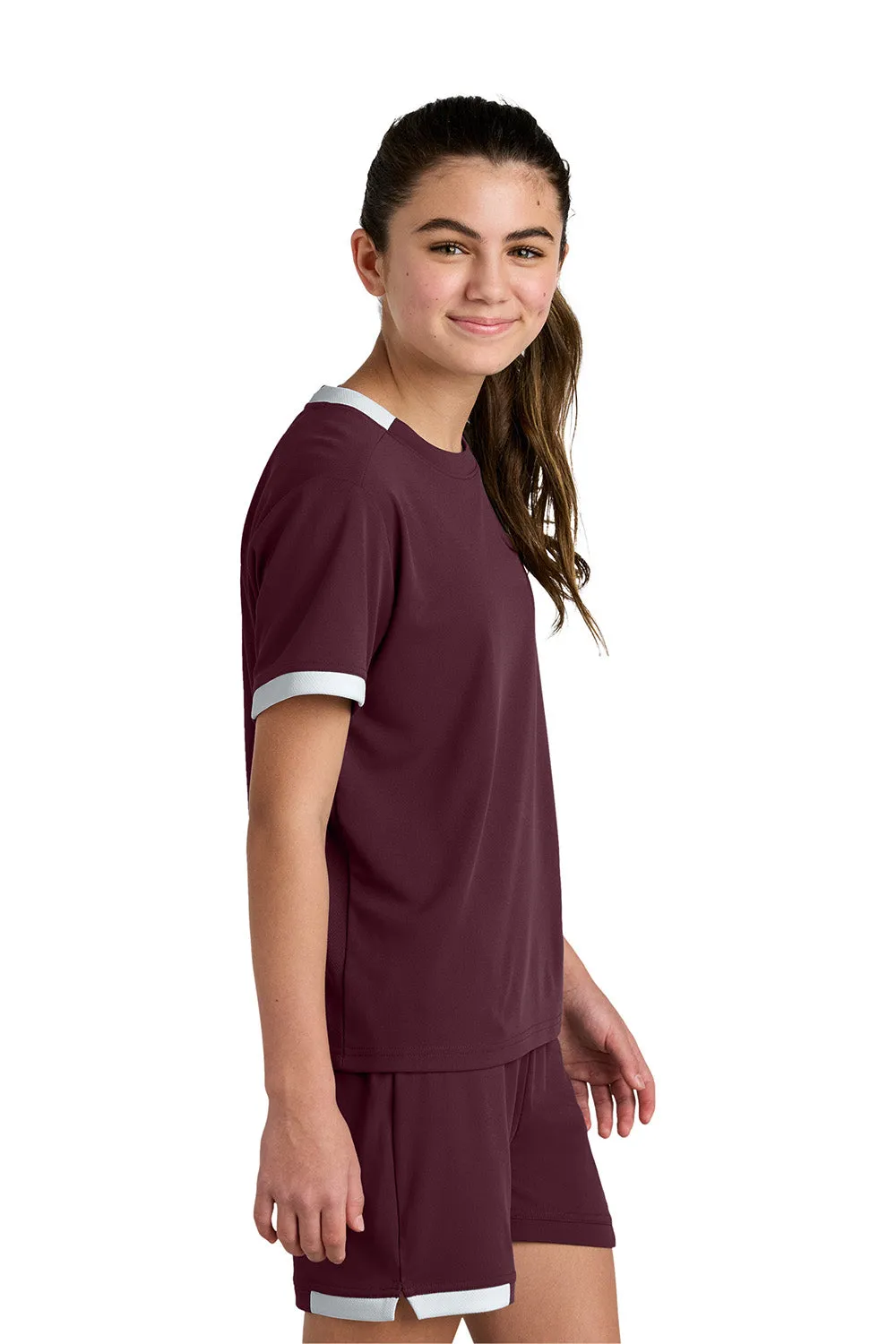 Sport-Tek Youth Club Moisture Wicking Short Sleeve Crewneck T-Shirt - Maroon/White