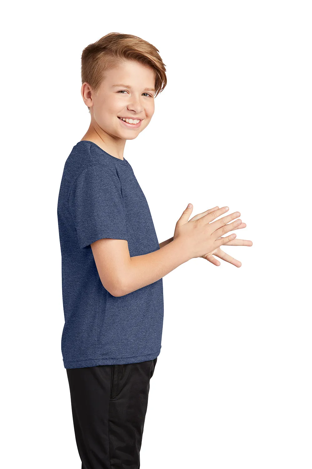Sport-Tek Youth Contender Heather Moisture Wicking Short Sleeve Crewneck T-Shirt - Heather True Navy Blue