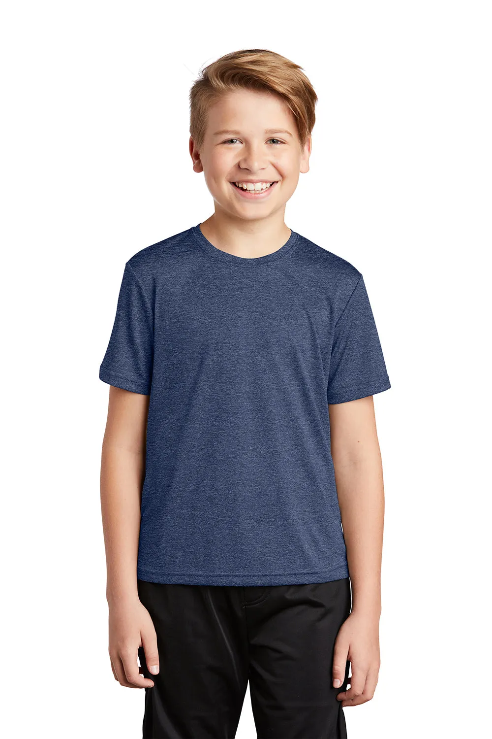 Sport-Tek Youth Contender Heather Moisture Wicking Short Sleeve Crewneck T-Shirt - Heather True Navy Blue