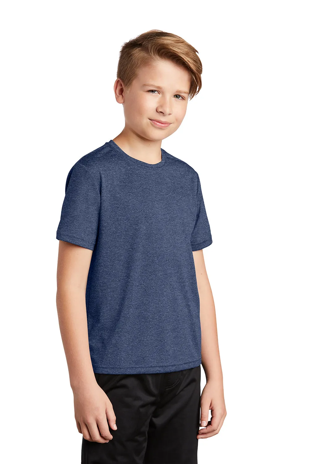 Sport-Tek Youth Contender Heather Moisture Wicking Short Sleeve Crewneck T-Shirt - Heather True Navy Blue