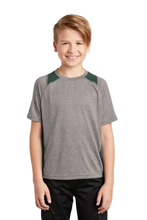 Sport-Tek Youth Contender Heather Moisture Wicking Short Sleeve Crewneck T-Shirt - Heather Vintage Grey/Forest Green - Closeout
