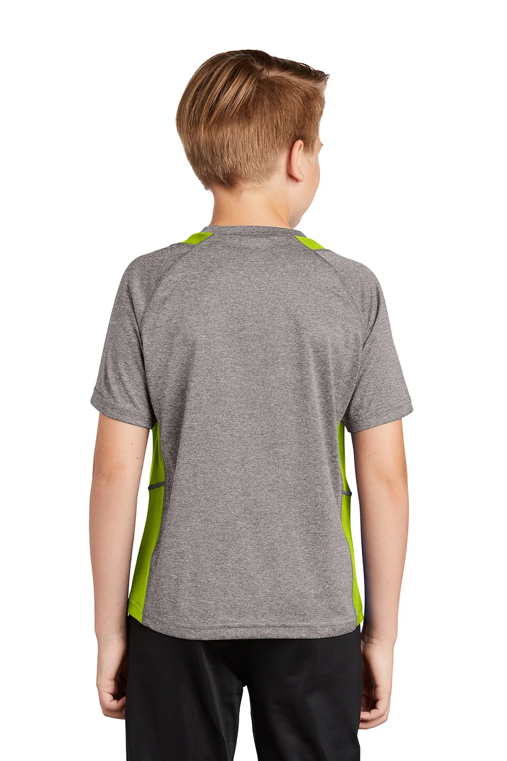 Sport-Tek Youth Contender Heather Moisture Wicking Short Sleeve Crewneck T-Shirt - Heather Vintage Grey/Lime Shock Green - Closeout