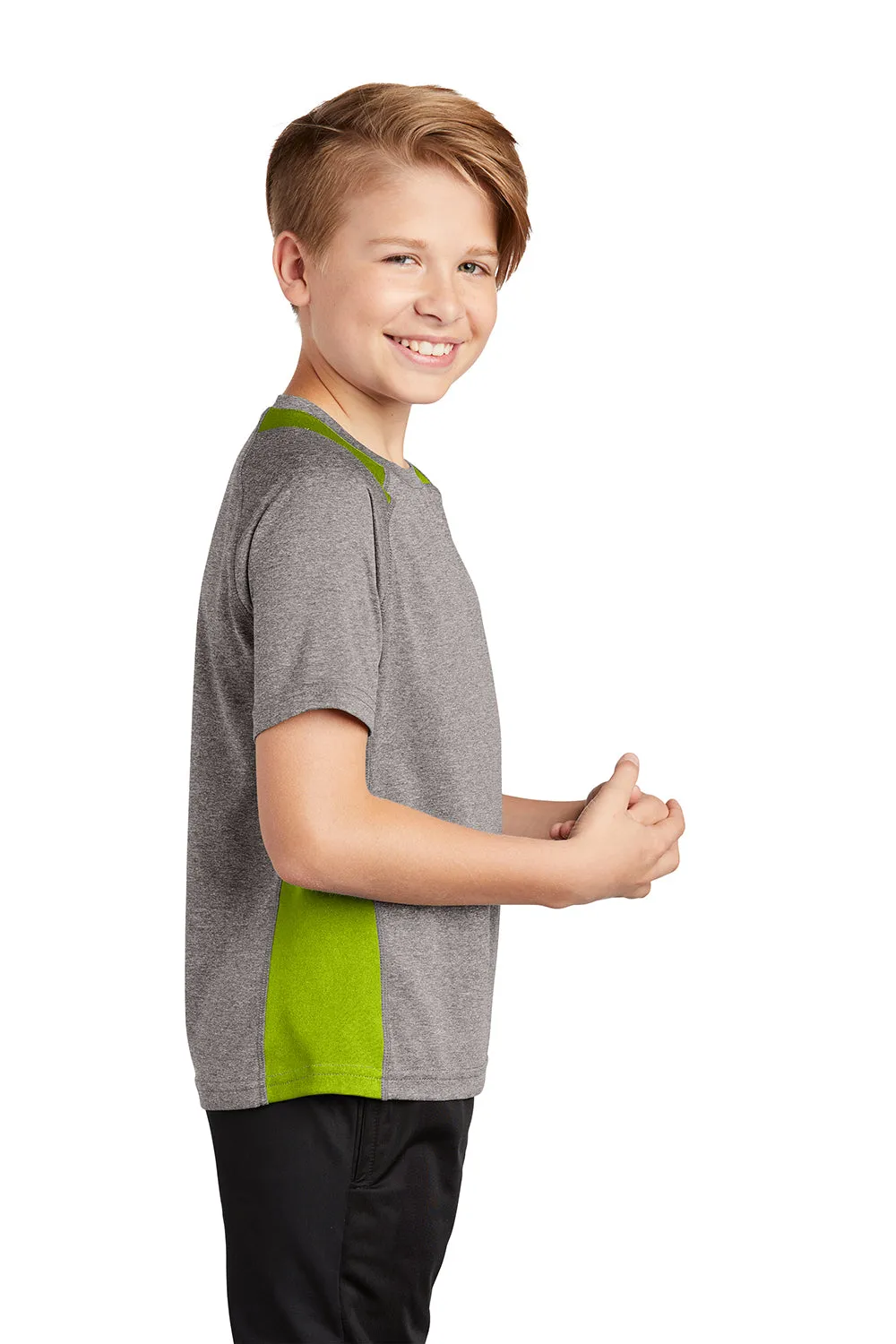 Sport-Tek Youth Contender Heather Moisture Wicking Short Sleeve Crewneck T-Shirt - Heather Vintage Grey/Lime Shock Green - Closeout