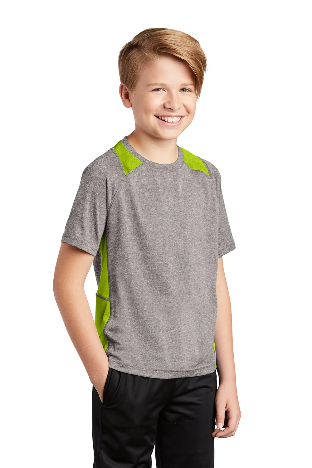 Sport-Tek Youth Contender Heather Moisture Wicking Short Sleeve Crewneck T-Shirt - Heather Vintage Grey/Lime Shock Green - Closeout