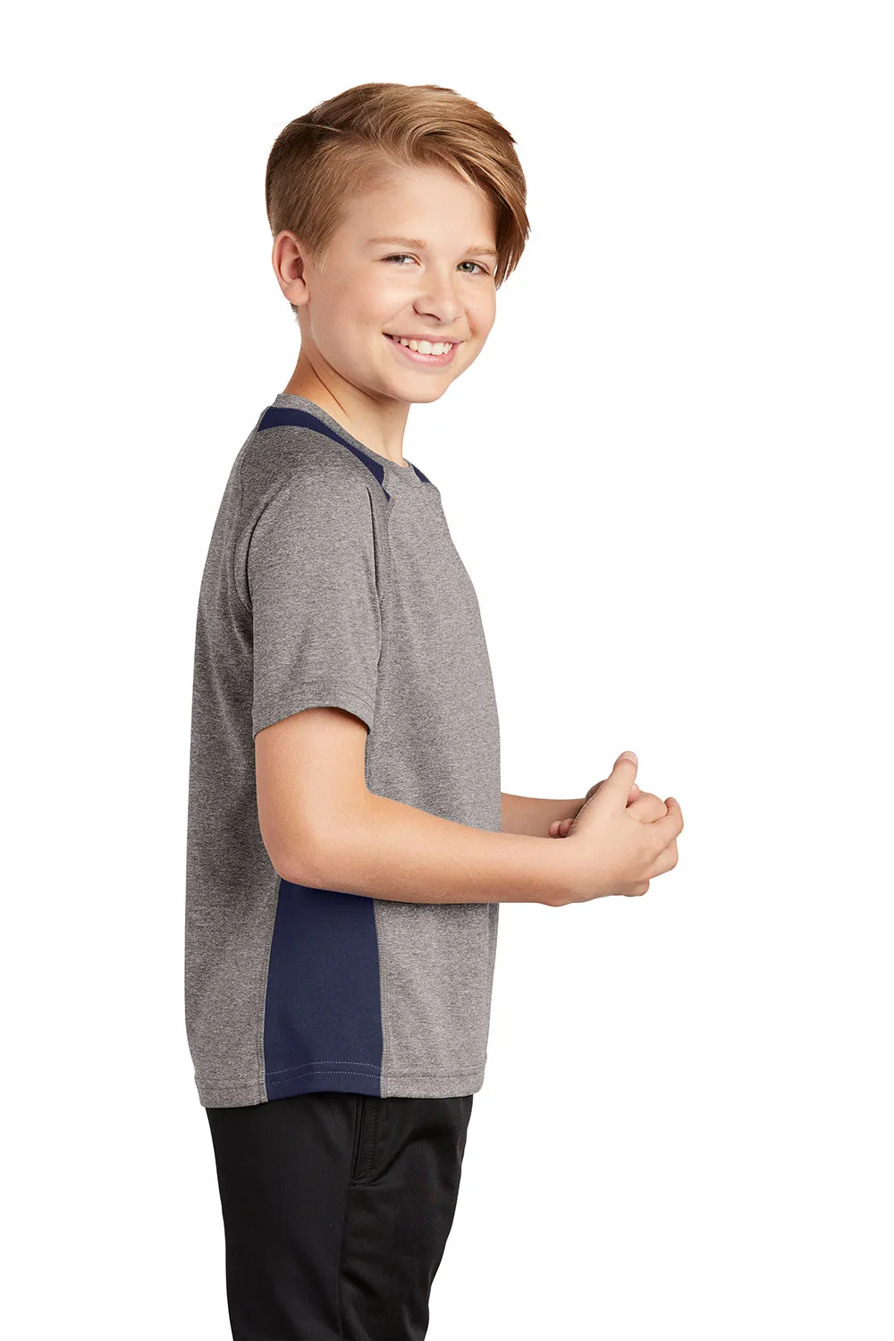 Sport-Tek Youth Contender Heather Moisture Wicking Short Sleeve Crewneck T-Shirt - Heather Vintage Grey/True Navy Blue