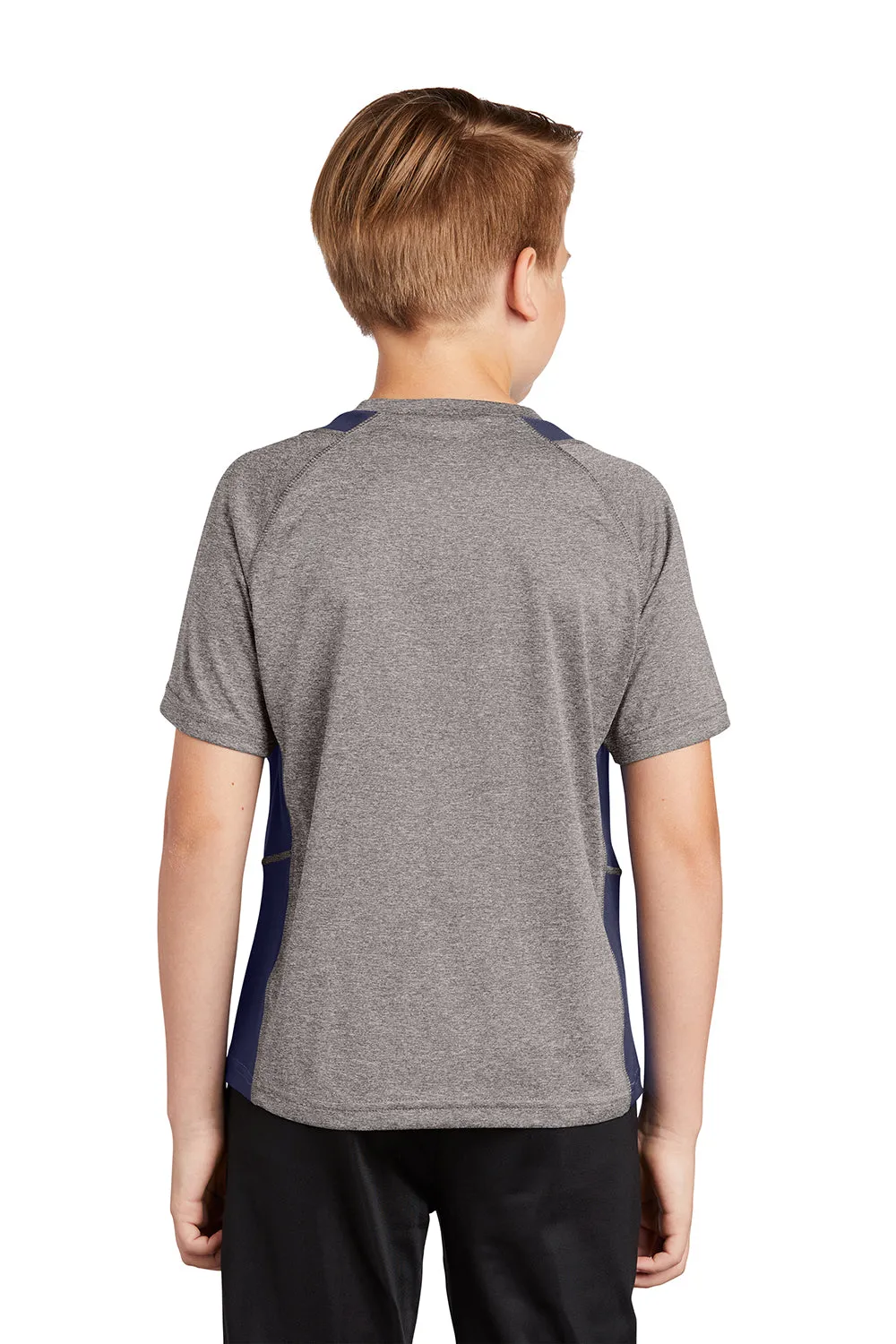 Sport-Tek Youth Contender Heather Moisture Wicking Short Sleeve Crewneck T-Shirt - Heather Vintage Grey/True Navy Blue