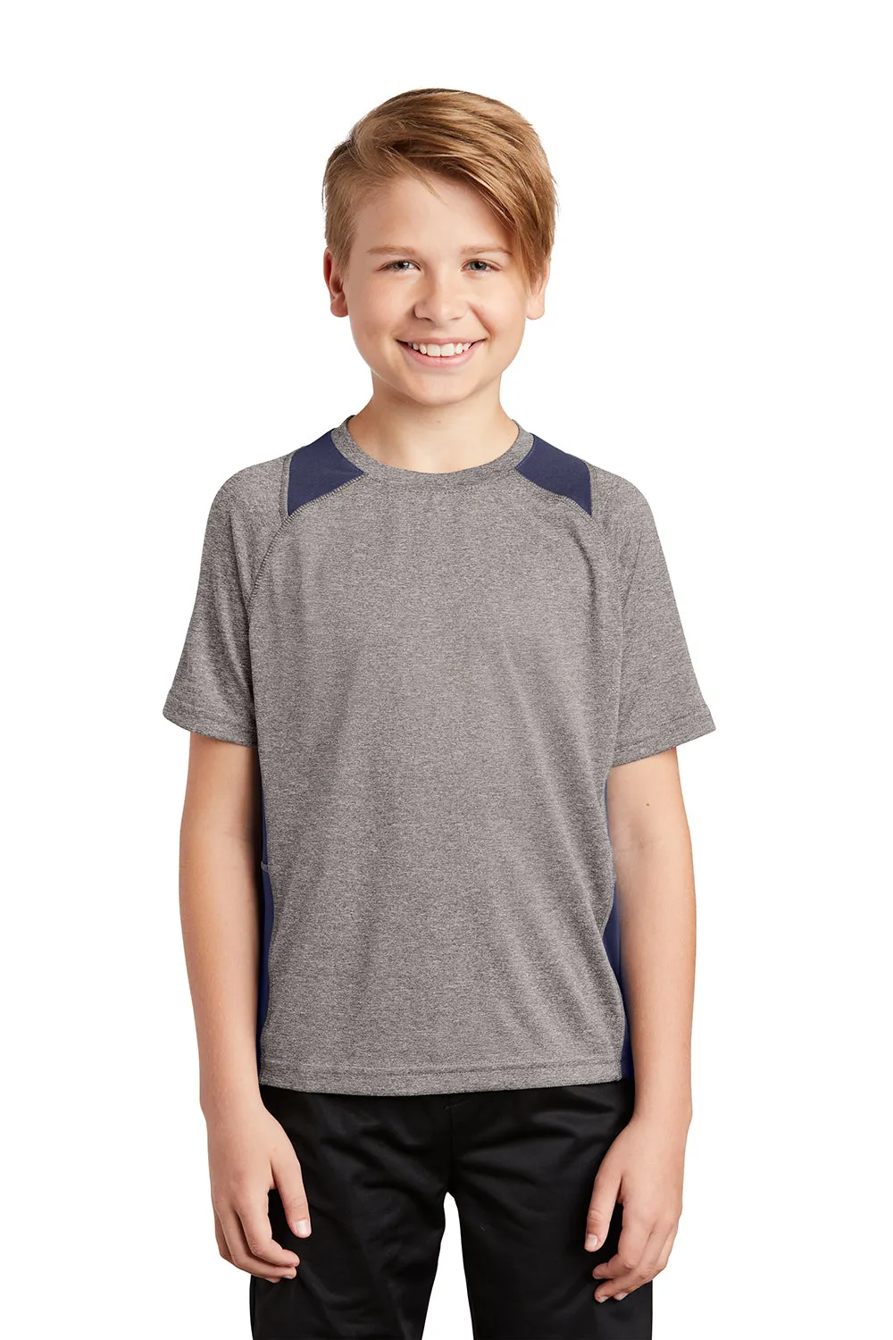 Sport-Tek Youth Contender Heather Moisture Wicking Short Sleeve Crewneck T-Shirt - Heather Vintage Grey/True Navy Blue