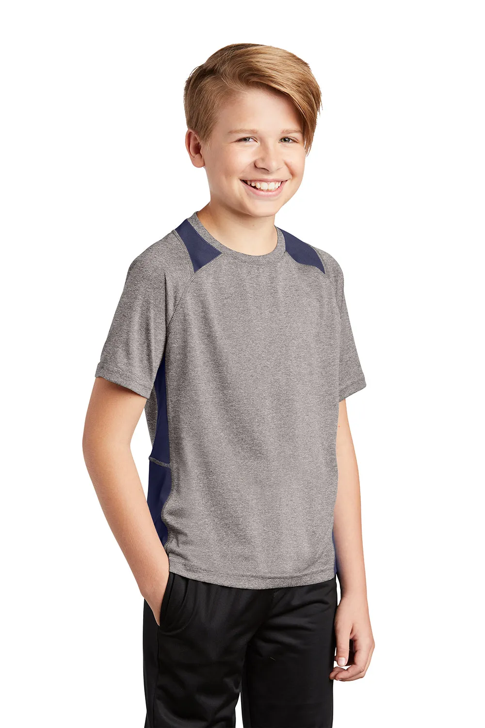 Sport-Tek Youth Contender Heather Moisture Wicking Short Sleeve Crewneck T-Shirt - Heather Vintage Grey/True Navy Blue