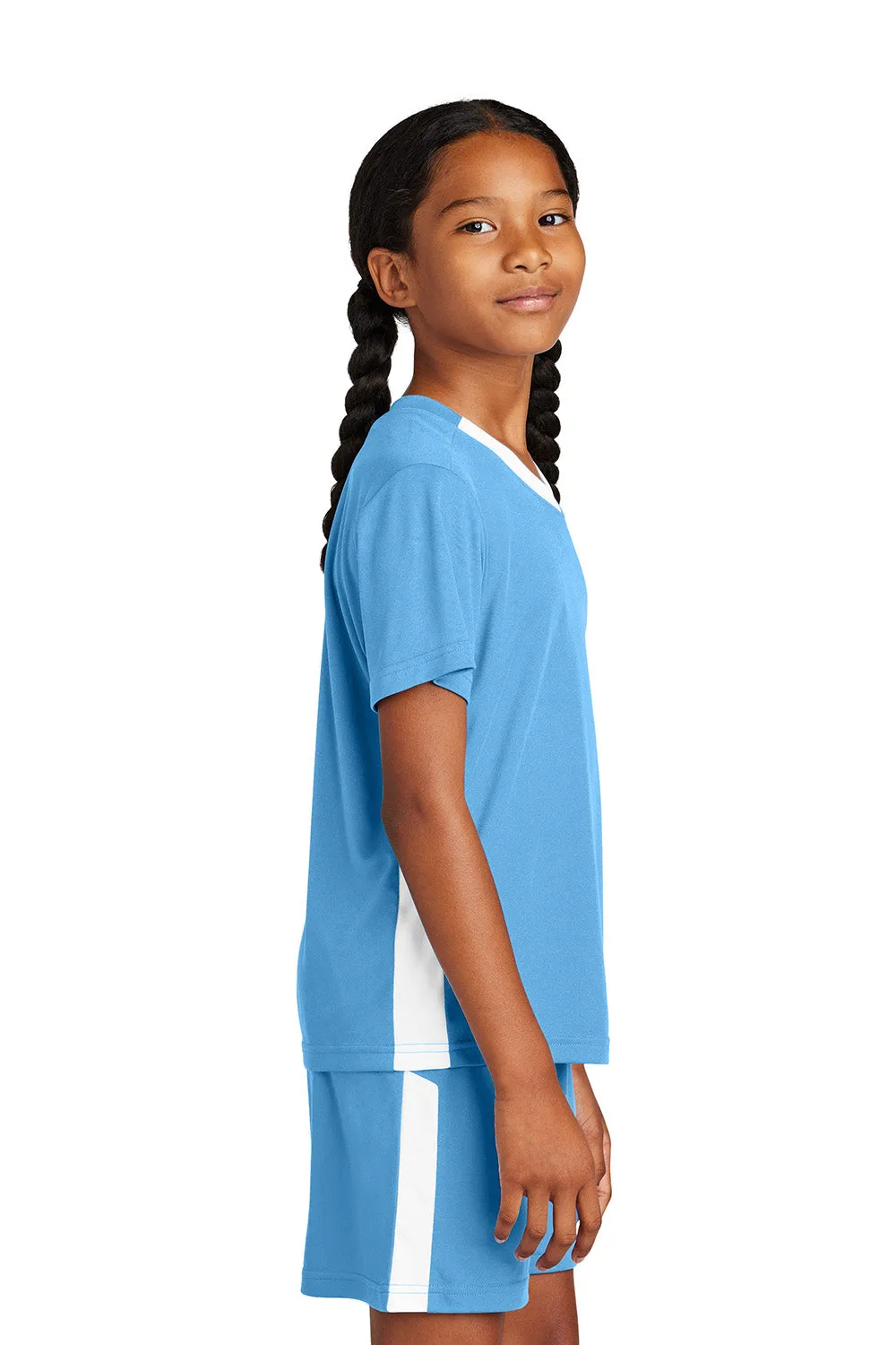 Sport-Tek Youth Moisture Wicking Competitor United Short Sleeve V-Neck T-Shirt - Carolina Blue/White