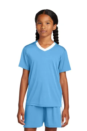 Sport-Tek Youth Moisture Wicking Competitor United Short Sleeve V-Neck T-Shirt - Carolina Blue/White