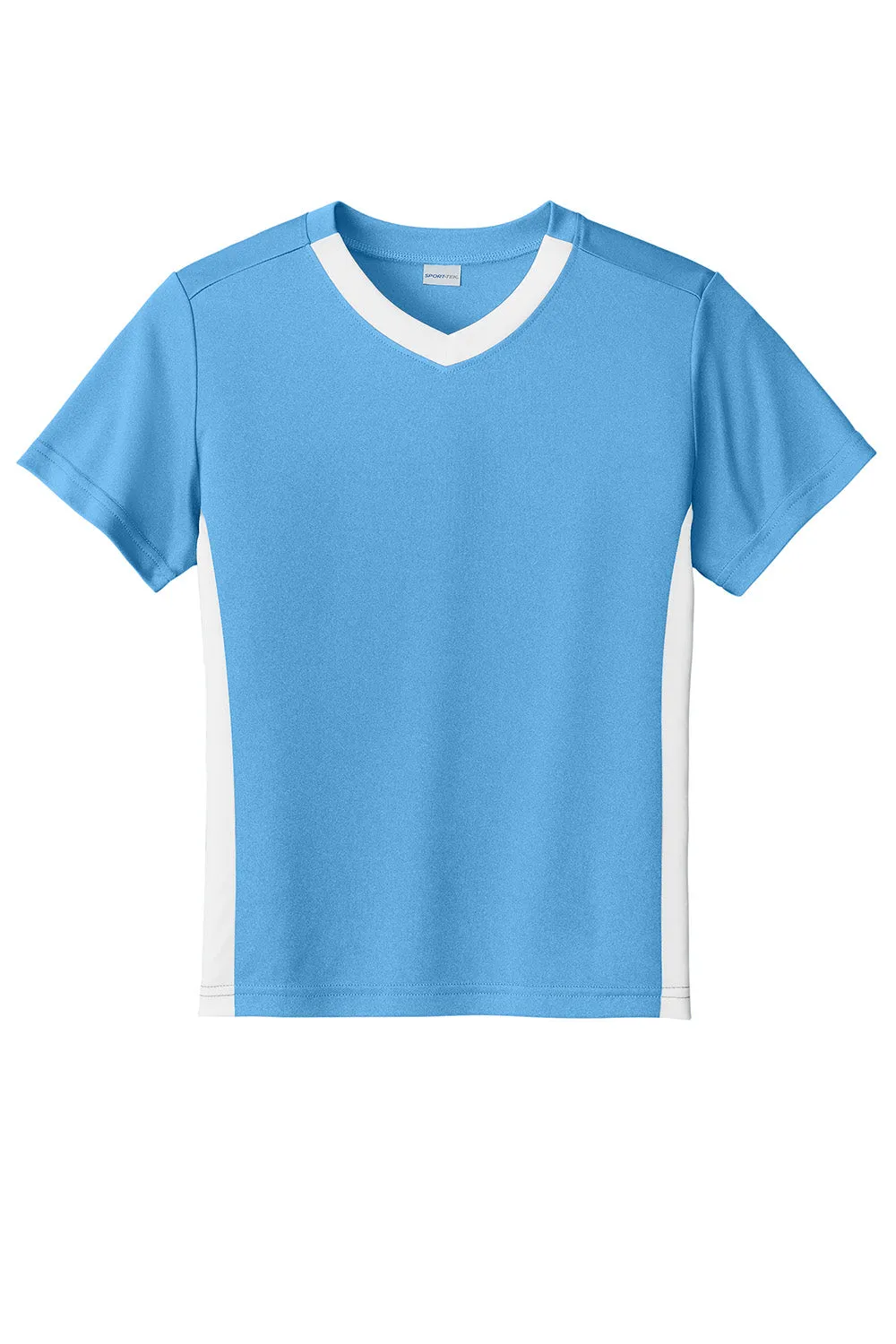 Sport-Tek Youth Moisture Wicking Competitor United Short Sleeve V-Neck T-Shirt - Carolina Blue/White