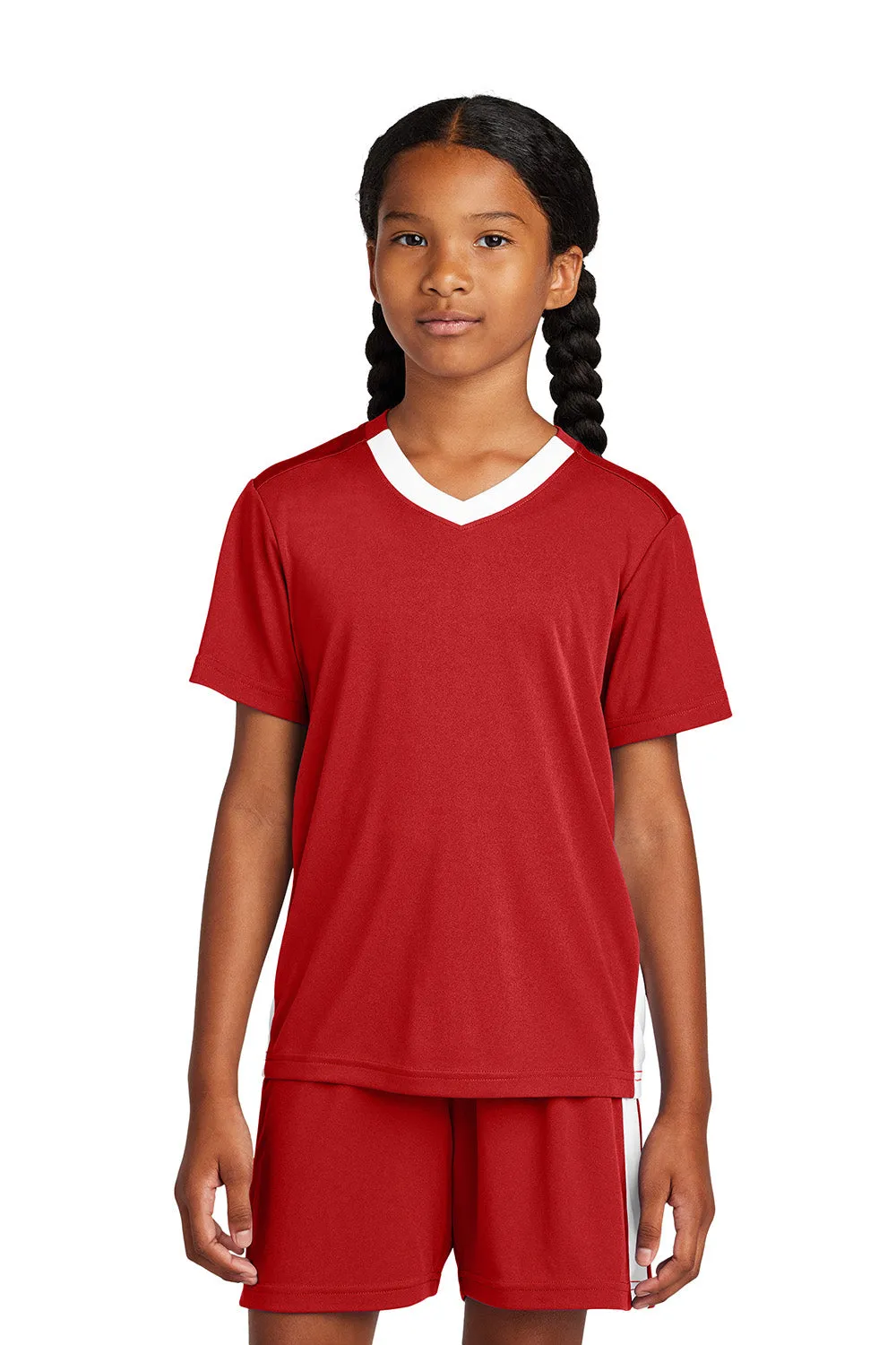 Sport-Tek Youth Moisture Wicking Competitor United Short Sleeve V-Neck T-Shirt - Deep Red/White