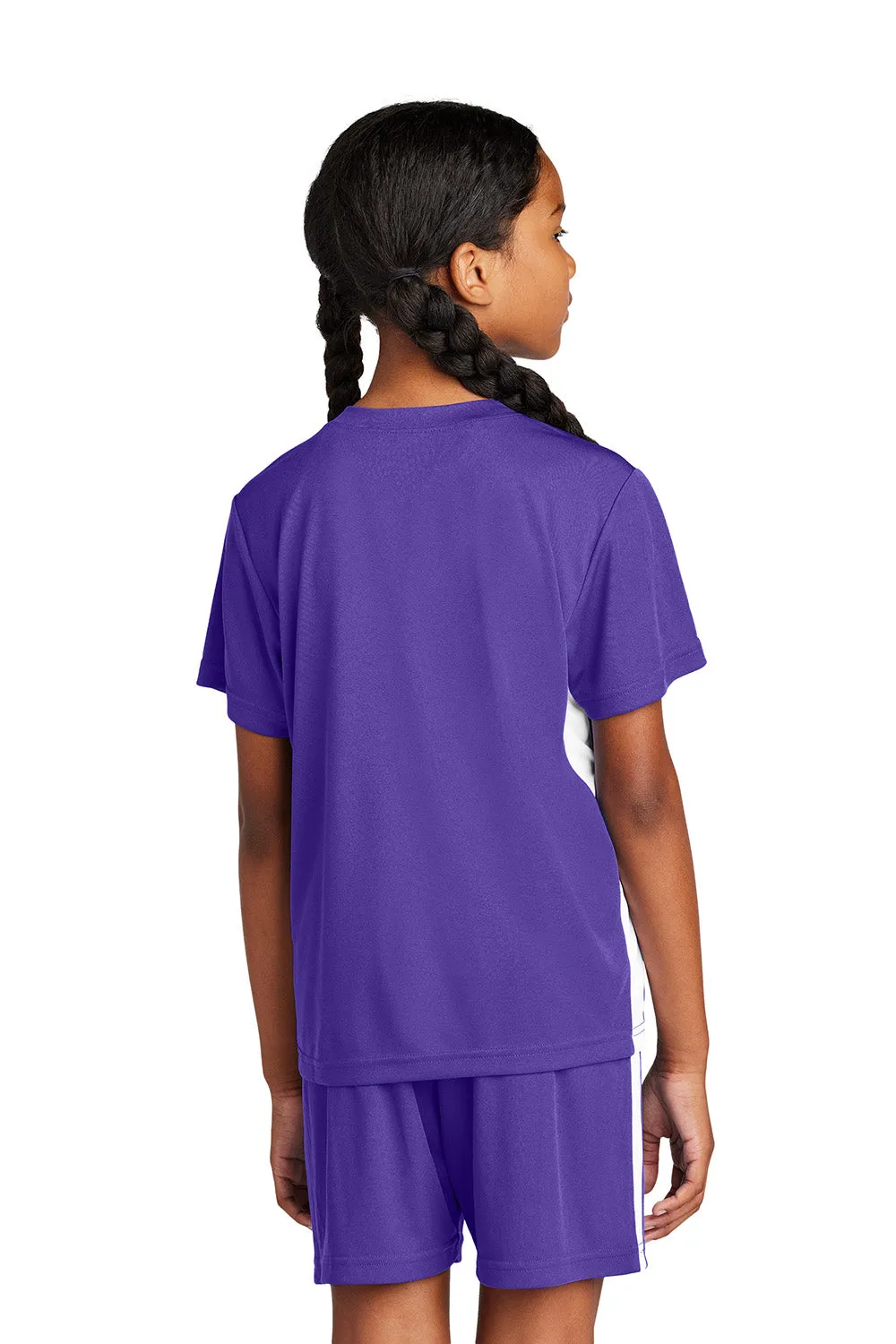 Sport-Tek Youth Moisture Wicking Competitor United Short Sleeve V-Neck T-Shirt - Purple/White