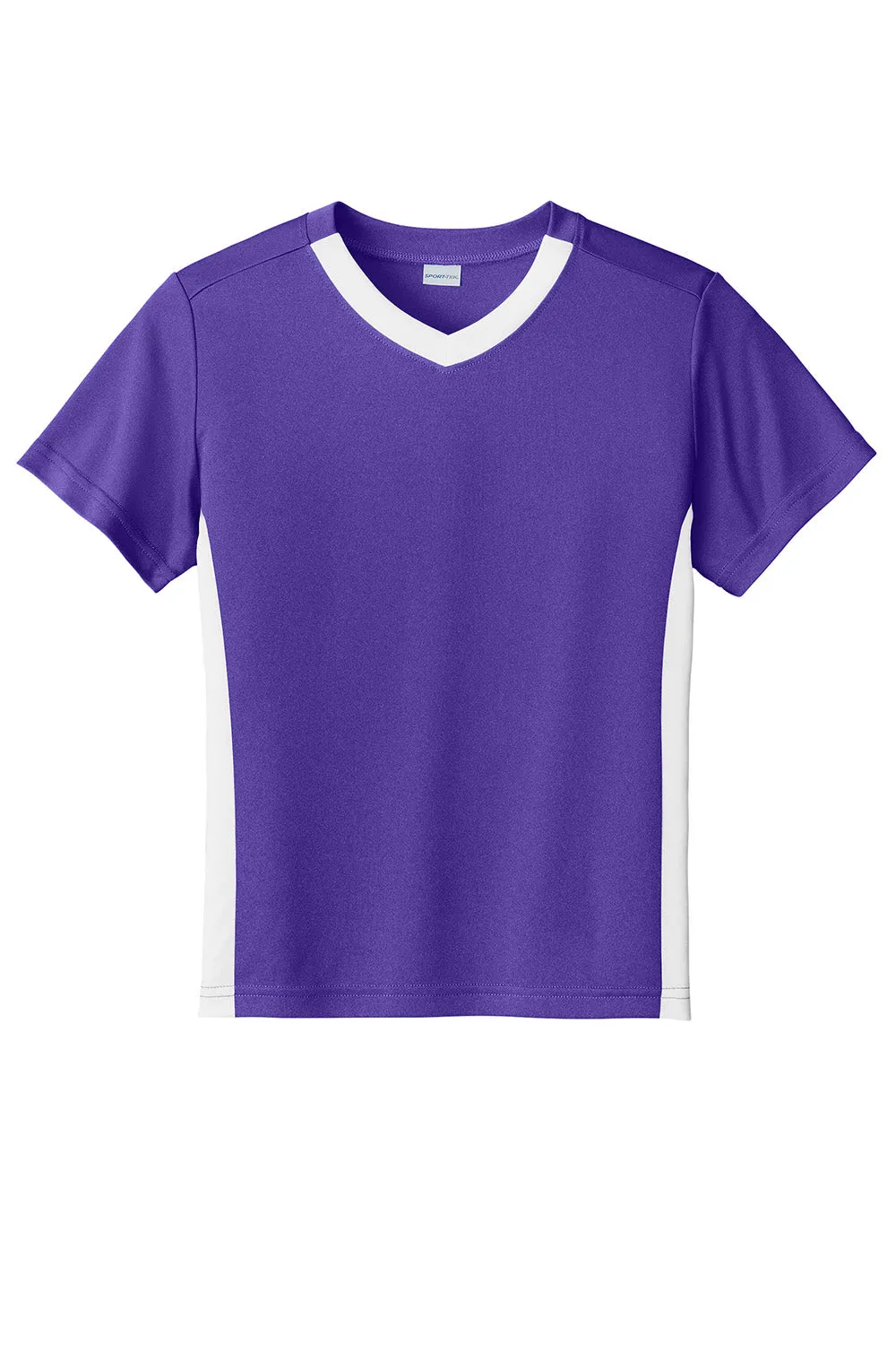 Sport-Tek Youth Moisture Wicking Competitor United Short Sleeve V-Neck T-Shirt - Purple/White