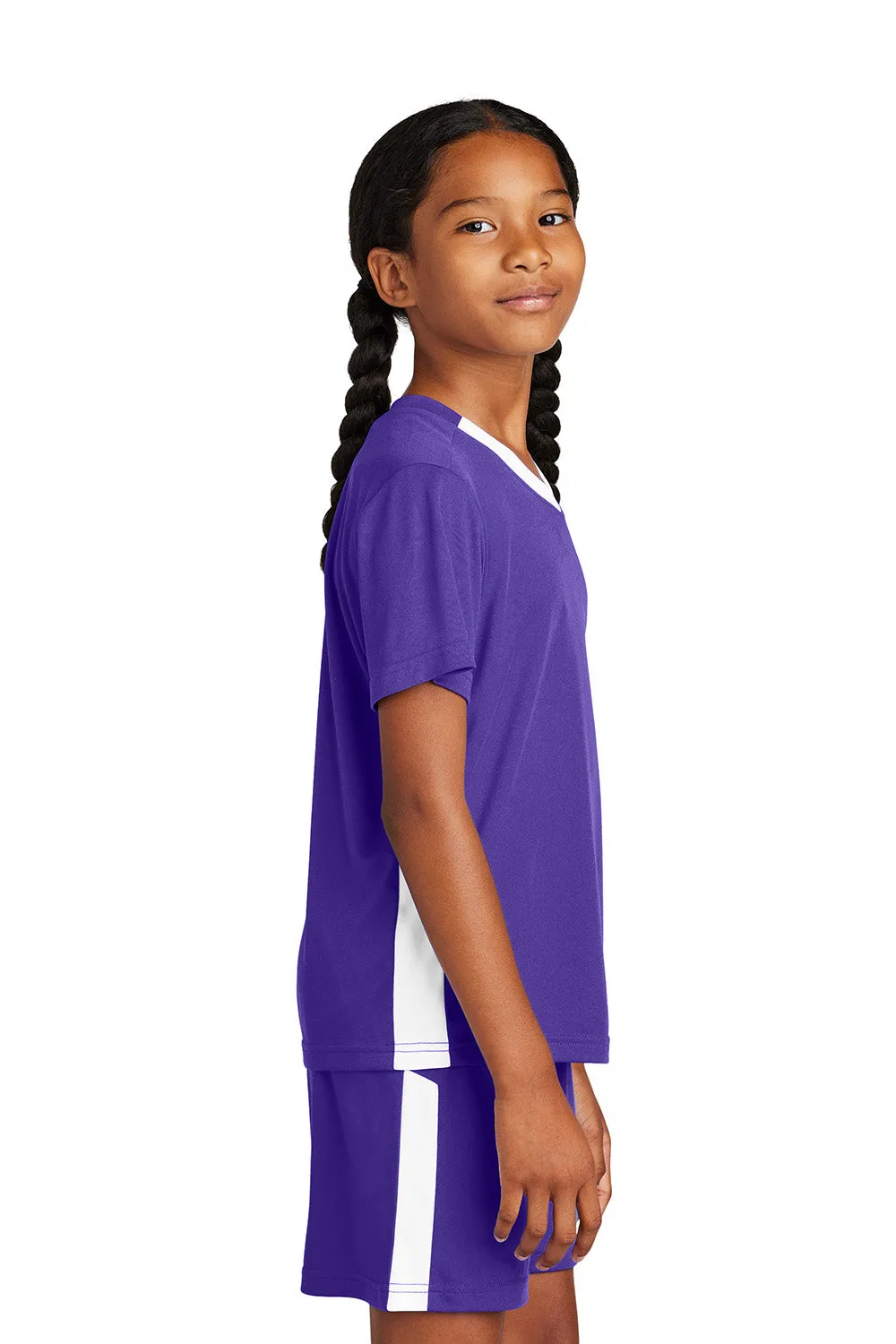Sport-Tek Youth Moisture Wicking Competitor United Short Sleeve V-Neck T-Shirt - Purple/White