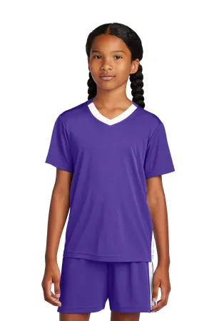 Sport-Tek Youth Moisture Wicking Competitor United Short Sleeve V-Neck T-Shirt - Purple/White