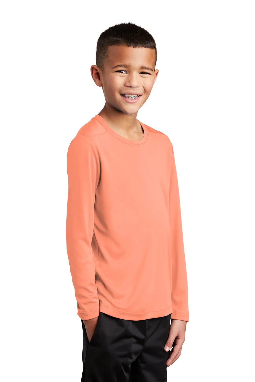 Sport-Tek Youth Moisture Wicking Long Sleeve Crewneck T-Shirt - Soft Coral Orange
