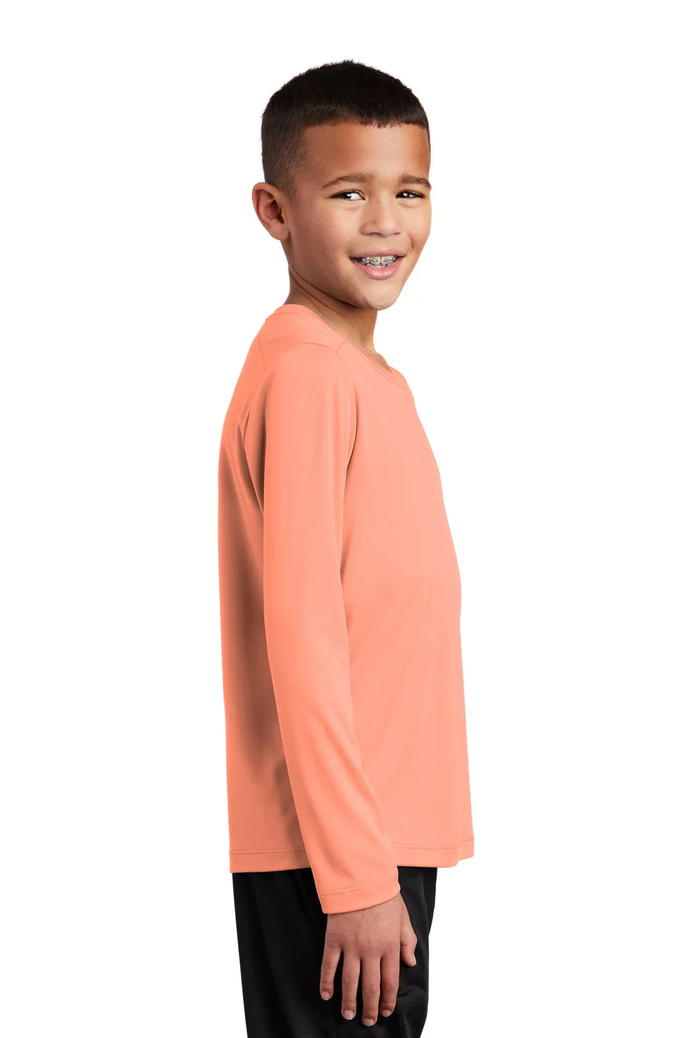 Sport-Tek Youth Moisture Wicking Long Sleeve Crewneck T-Shirt - Soft Coral Orange