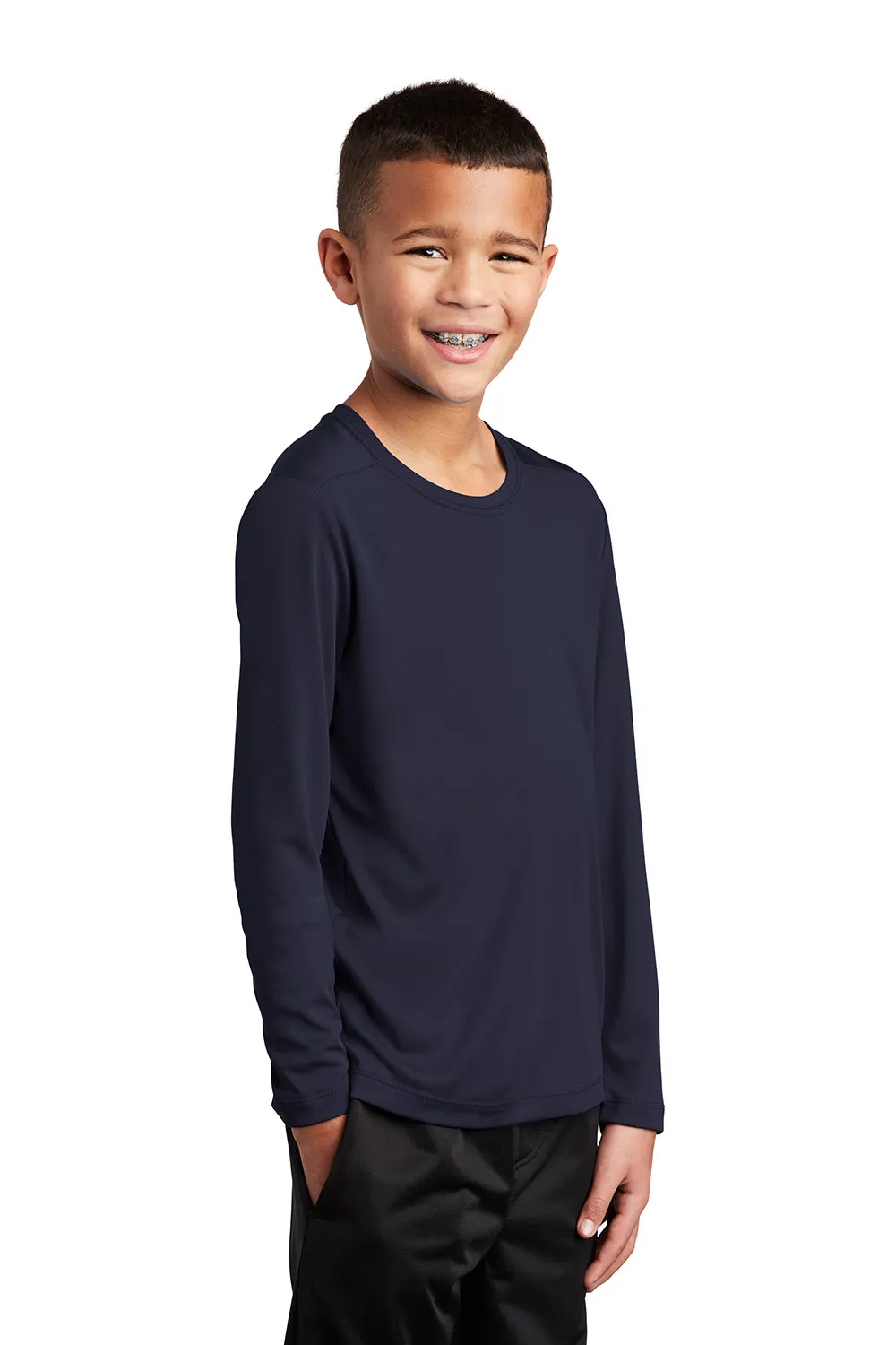 Sport-Tek Youth Moisture Wicking Long Sleeve Crewneck T-Shirt - True Navy Blue