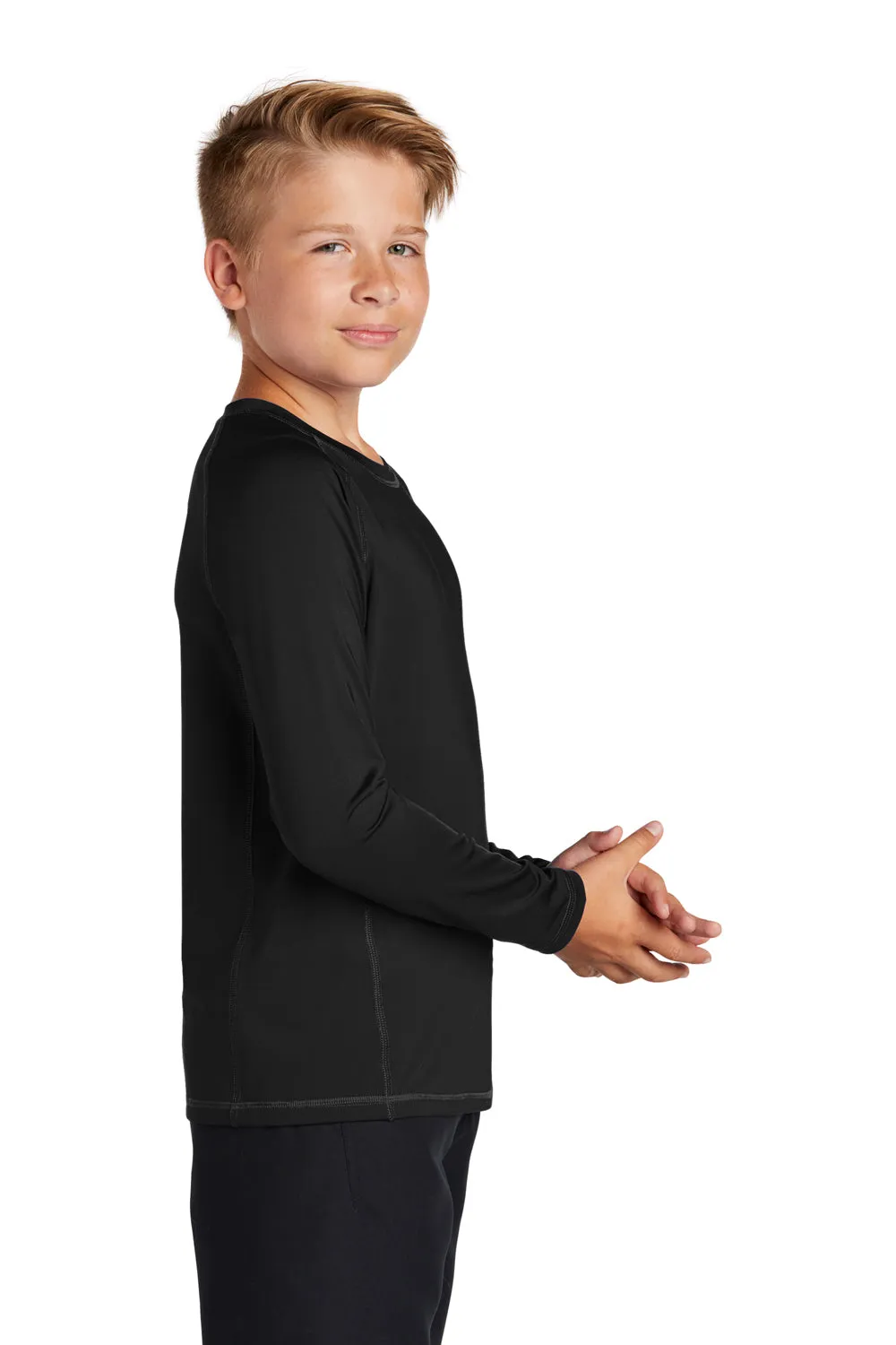 Sport-Tek Youth Rashguard Moisture Wicking Long Sleeve Crewneck T-Shirt - Black