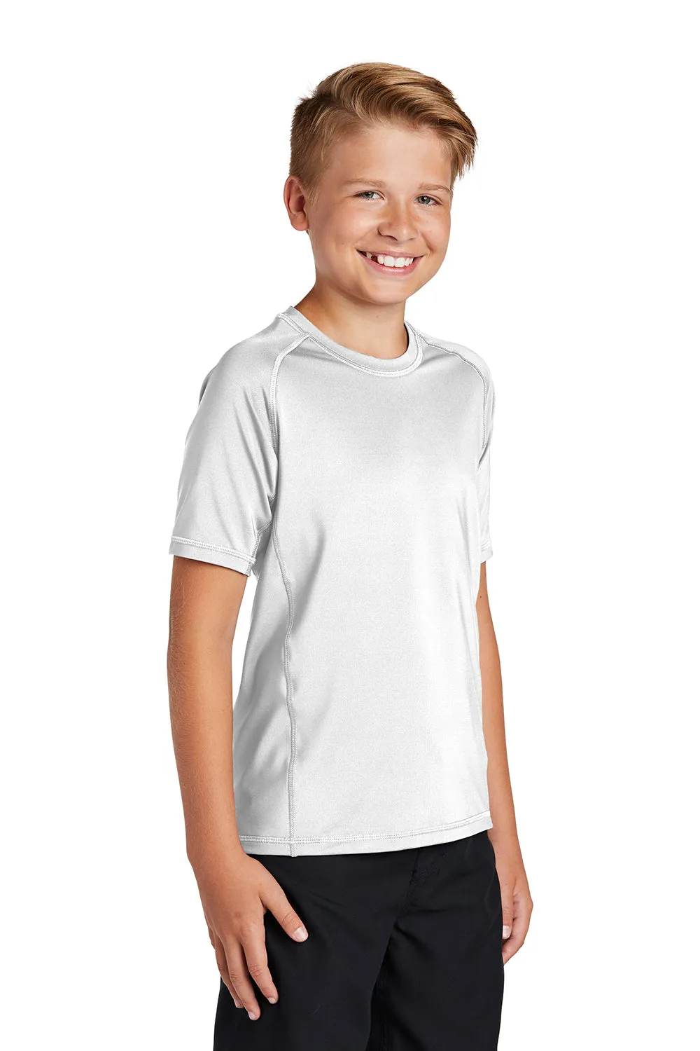 Sport-Tek Youth Rashguard Moisture Wicking Short Sleeve Crewneck T-Shirt - White