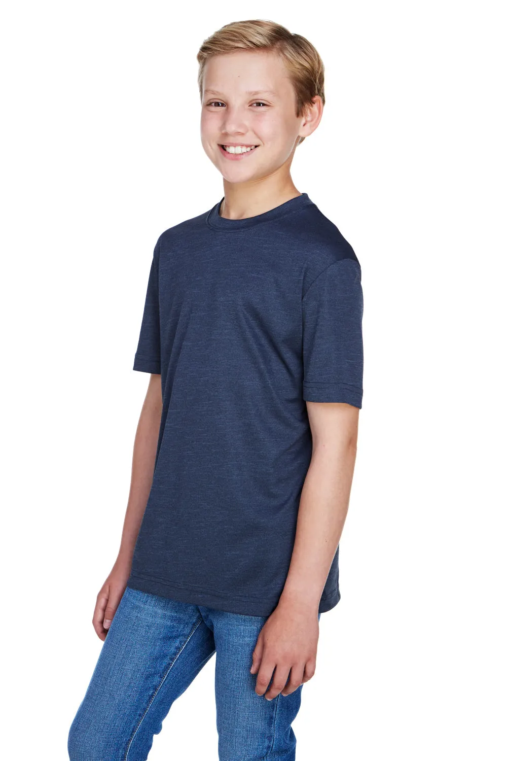 Team 365 Youth Sonic Performance Heather Moisture Wicking Short Sleeve Crewneck T-Shirt - Heather Dark Navy Blue