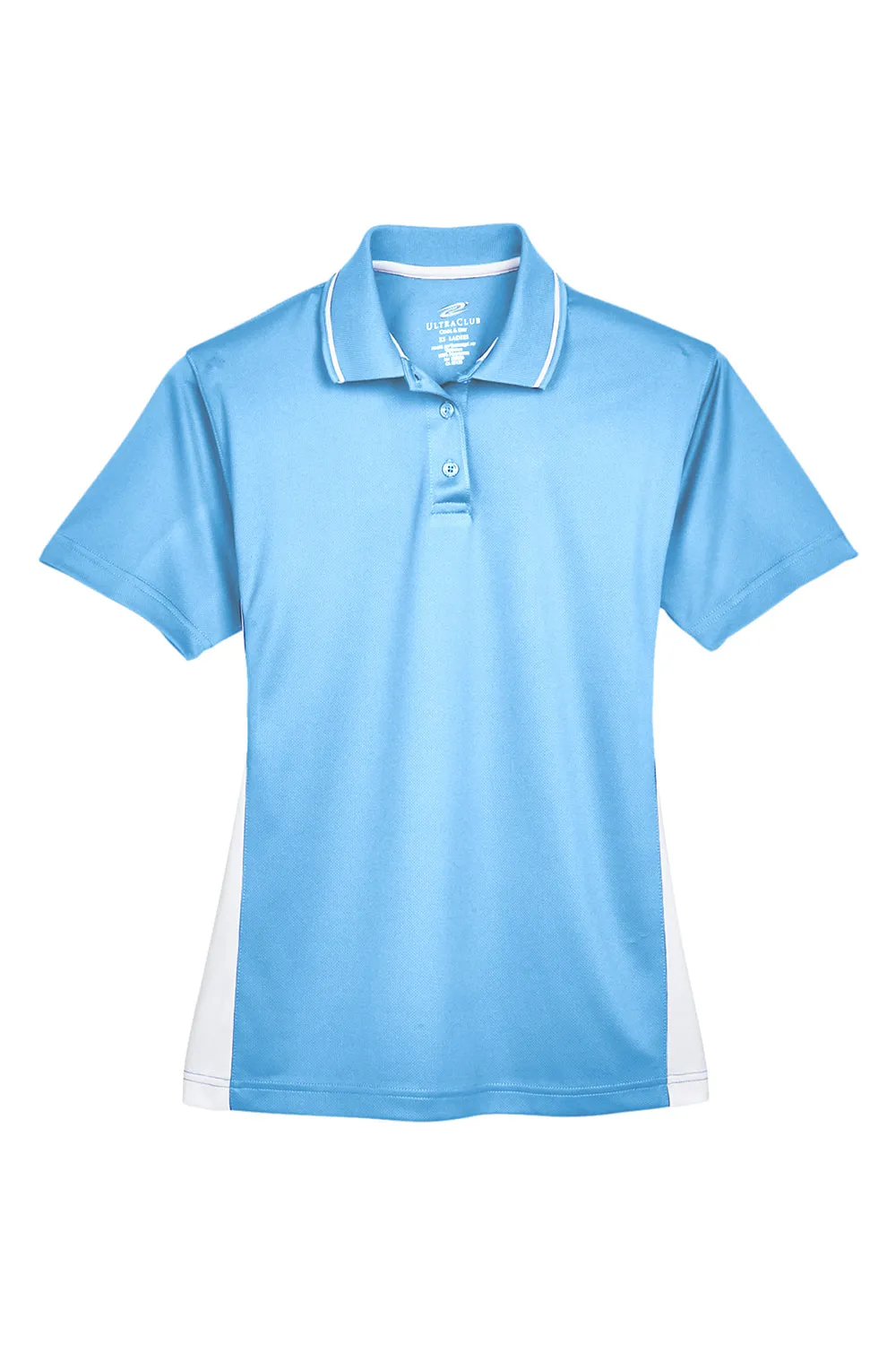 UltraClub Womens Cool & Dry Moisture Wicking Short Sleeve Polo Shirt - Columbia Blue/White