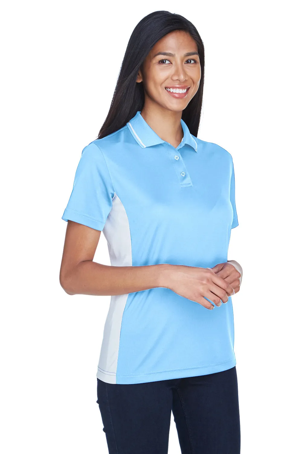 UltraClub Womens Cool & Dry Moisture Wicking Short Sleeve Polo Shirt - Columbia Blue/White