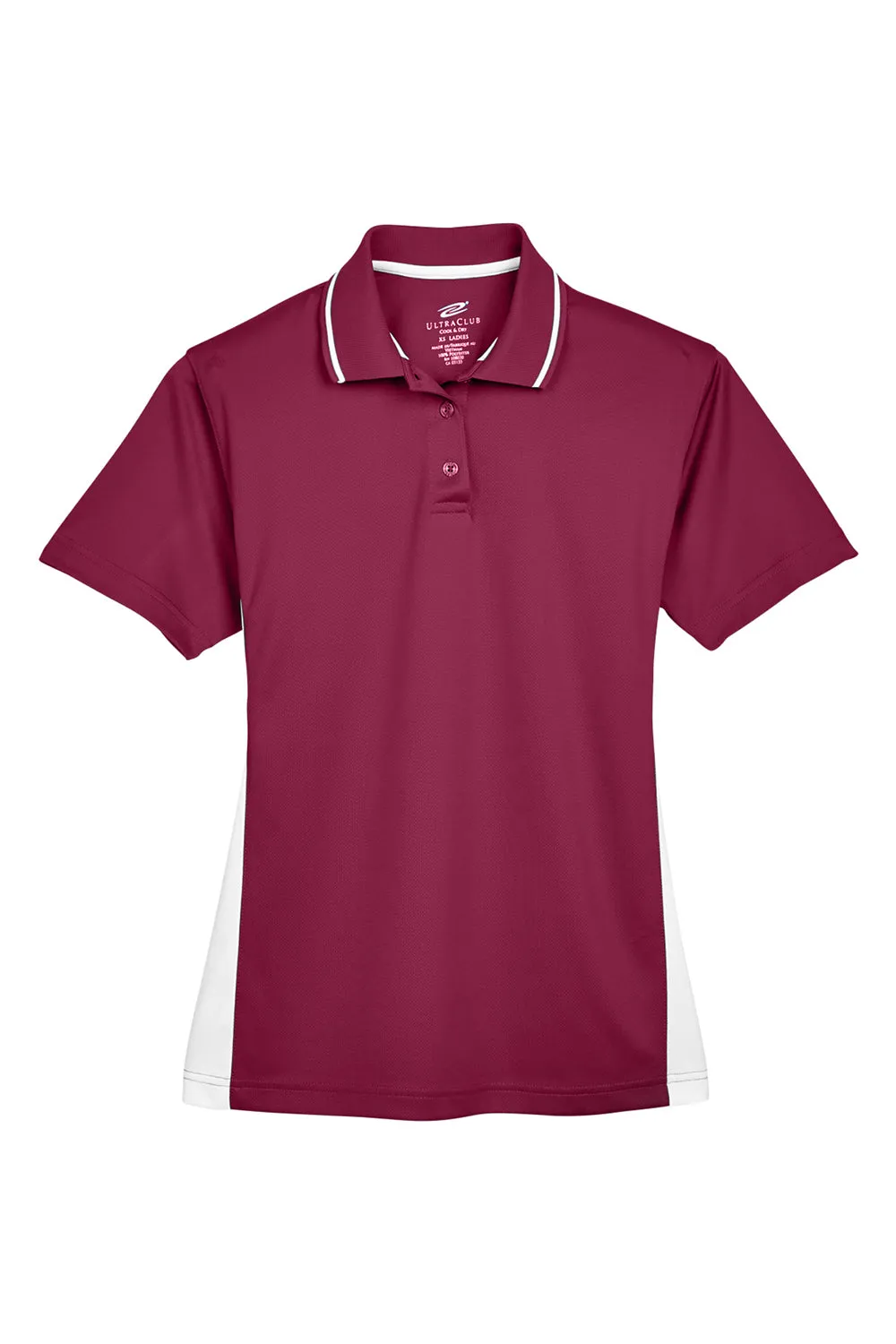 UltraClub Womens Cool & Dry Moisture Wicking Short Sleeve Polo Shirt - Maroon/White