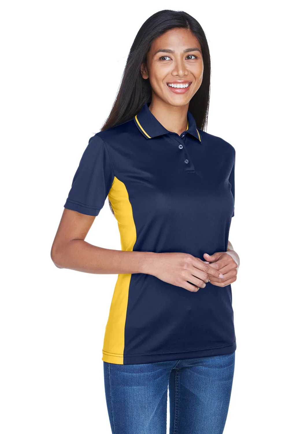 UltraClub Womens Cool & Dry Moisture Wicking Short Sleeve Polo Shirt - Navy Blue/Gold