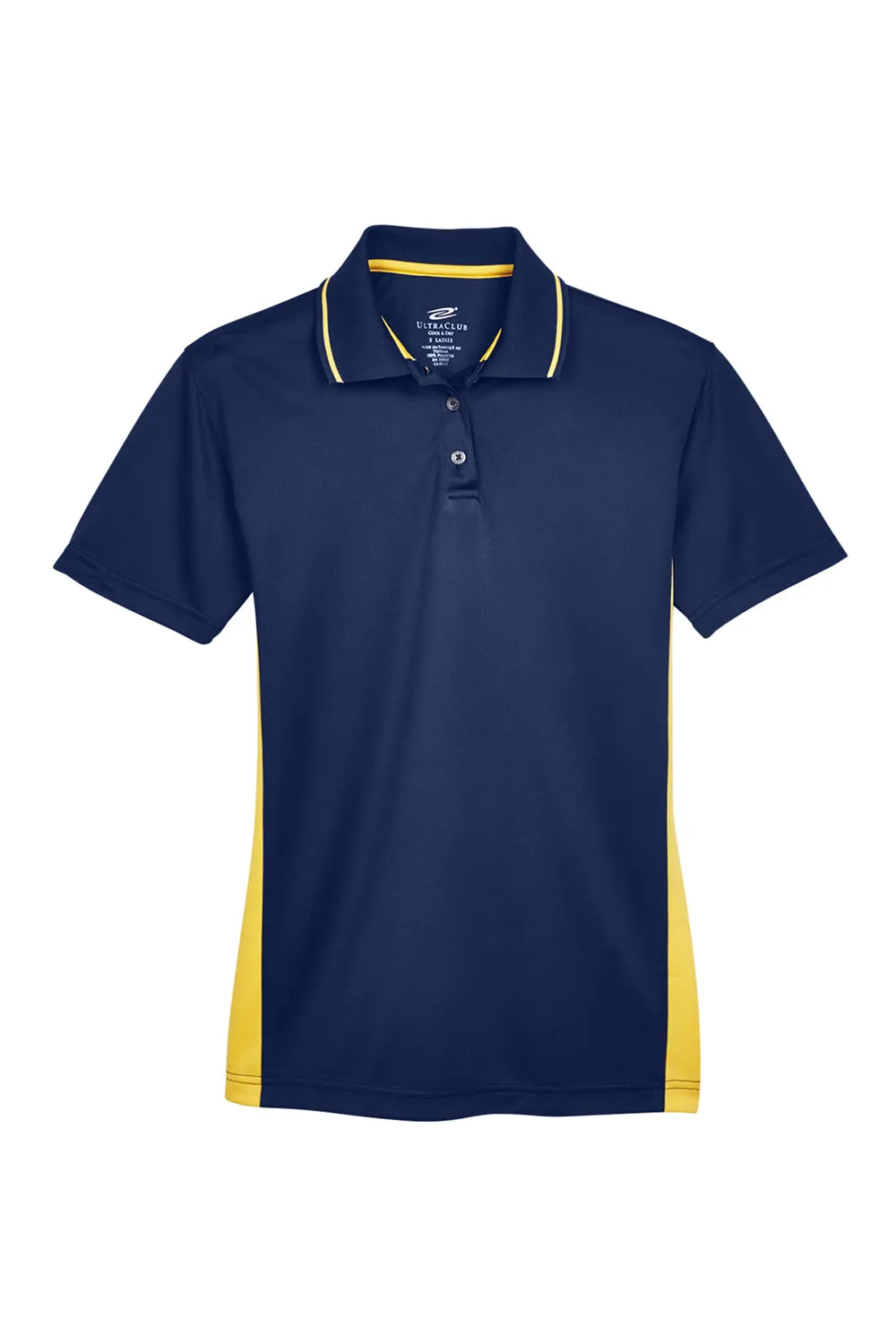 UltraClub Womens Cool & Dry Moisture Wicking Short Sleeve Polo Shirt - Navy Blue/Gold