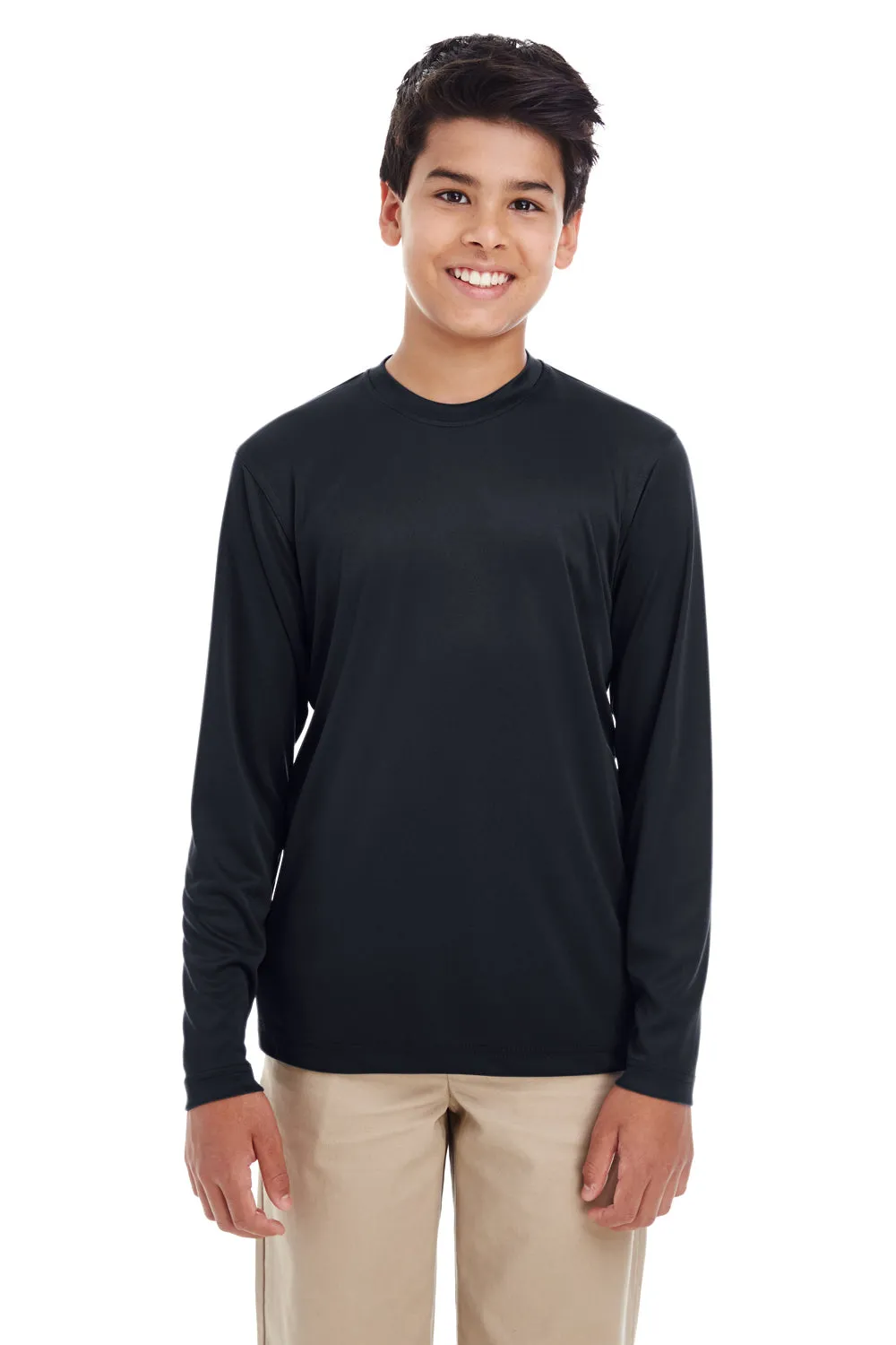 UltraClub Youth Cool & Dry Performance Moisture Wicking Long Sleeve Crewneck T-Shirt - Black