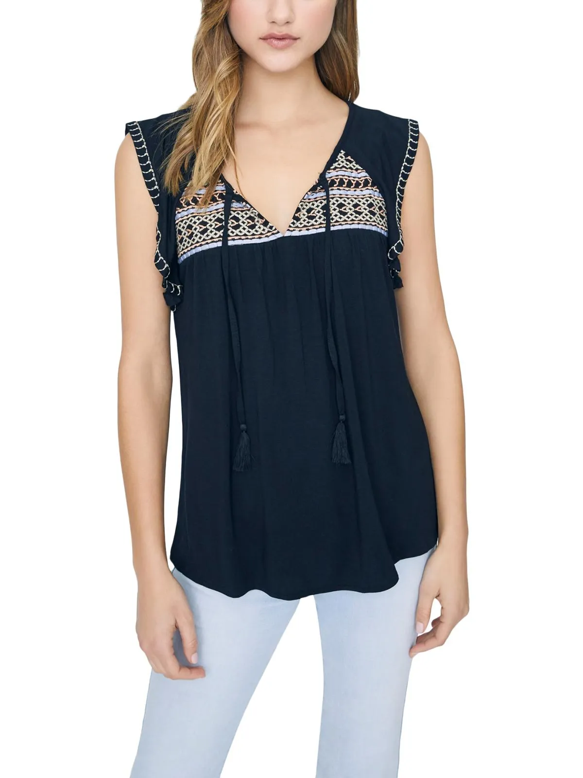 Wild Belle Womens Embroidered Boho Tank Top
