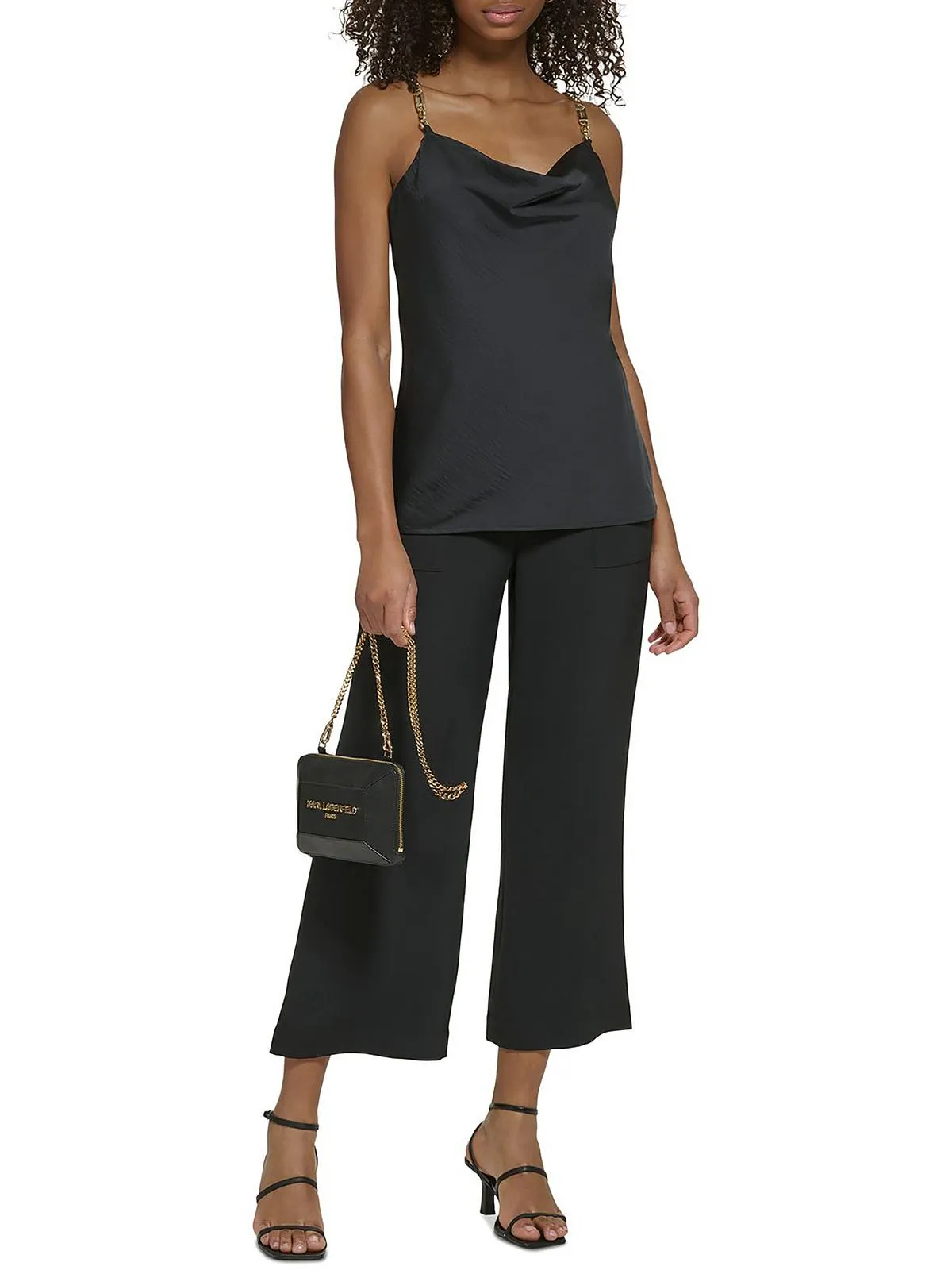 Womens Cowl Neck Embellished Straps Tank Top