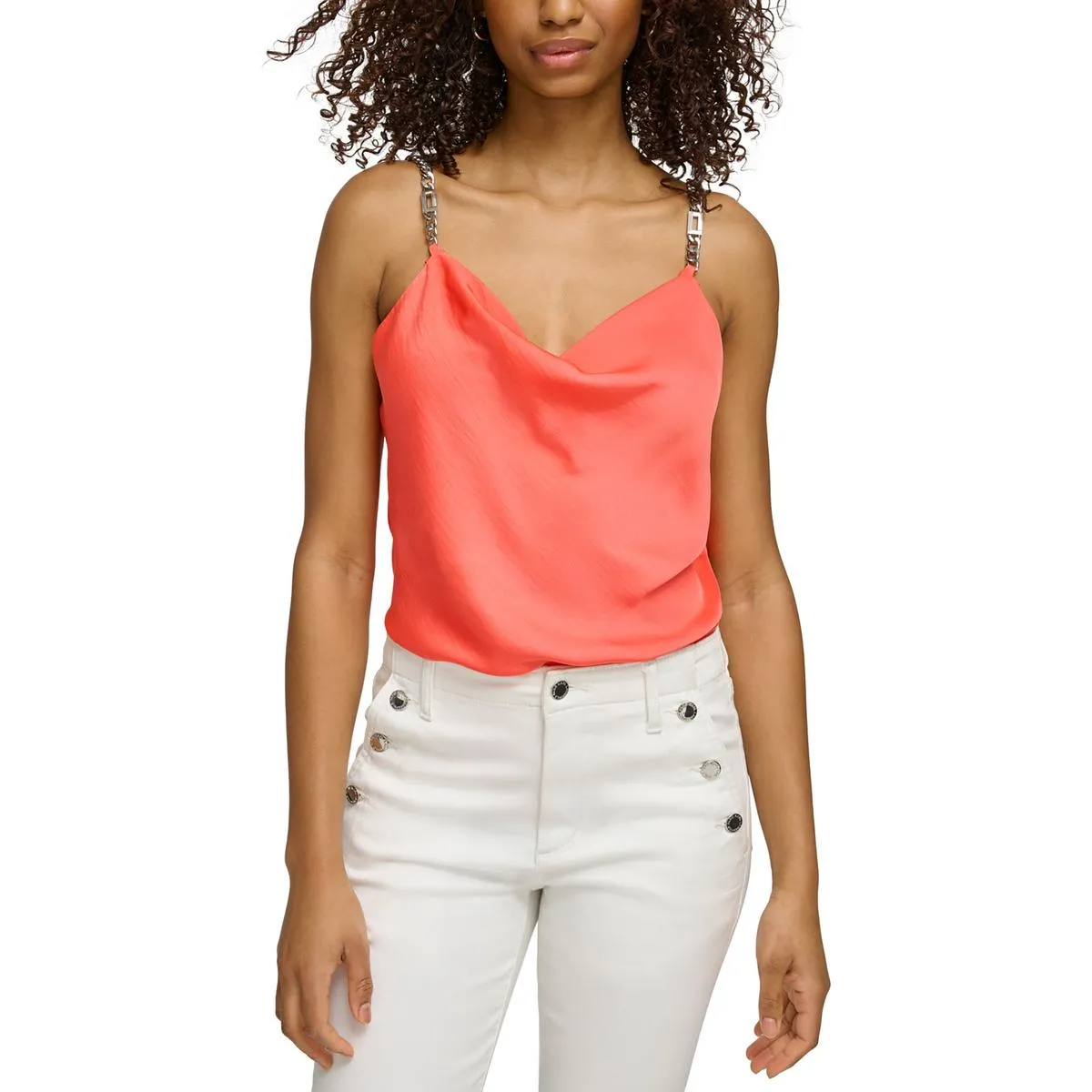 Womens Cowl Neck Embellished Straps Tank Top