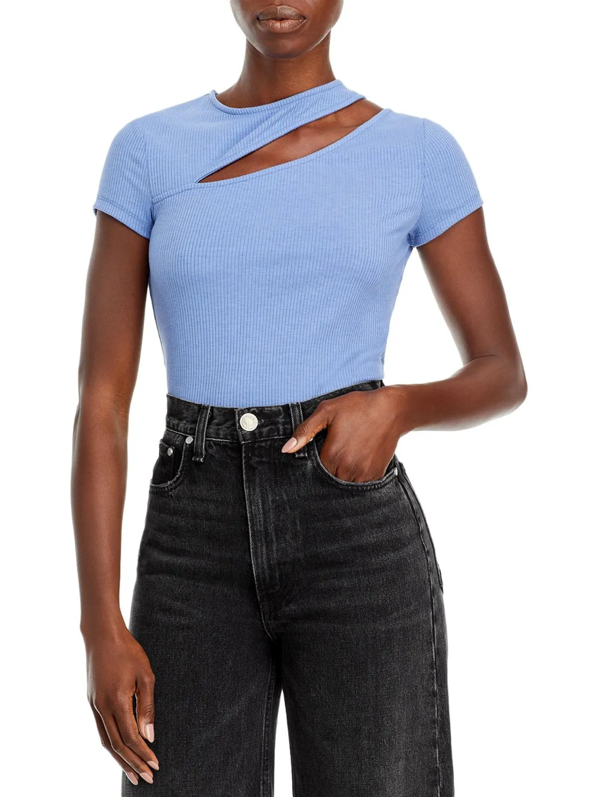 Womens Cut Out Ribbed Trim T-Shirt