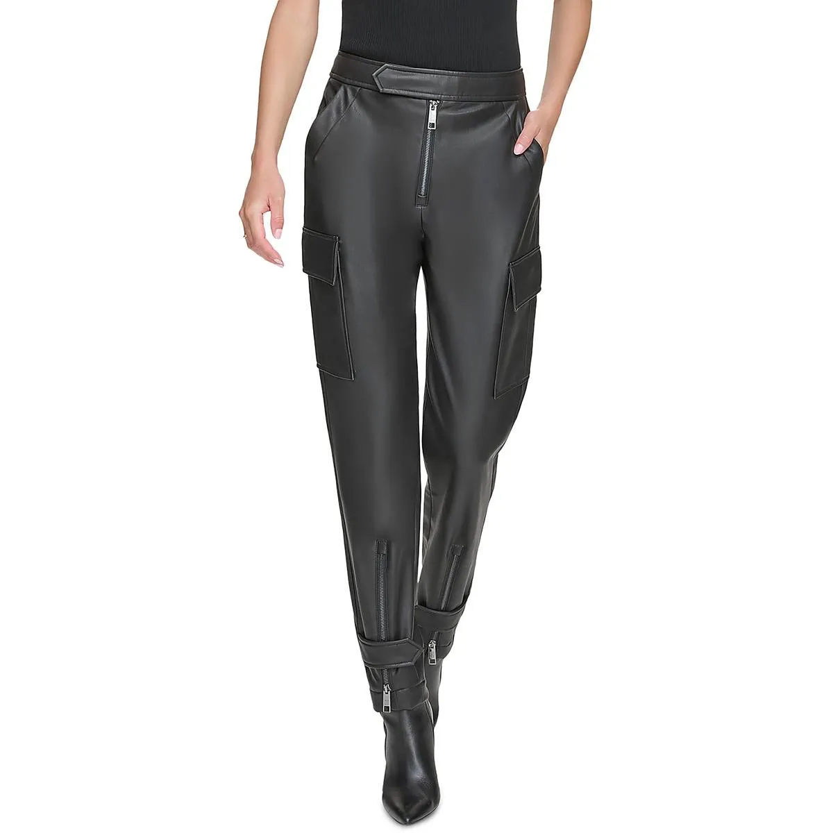 Womens Faux Leather High Rise Cargo Pants