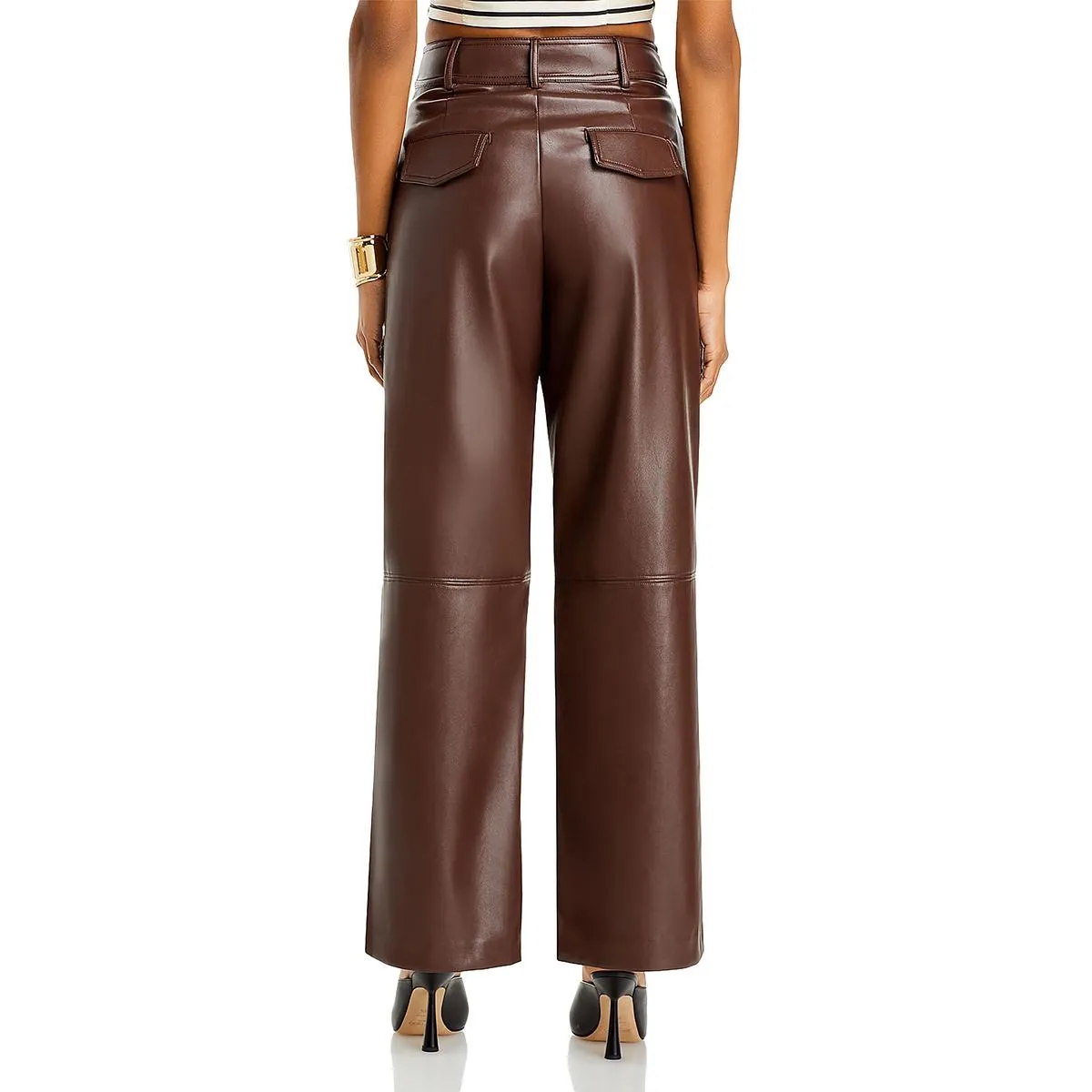 Womens Faux Leather Pleated Wide Leg Pants