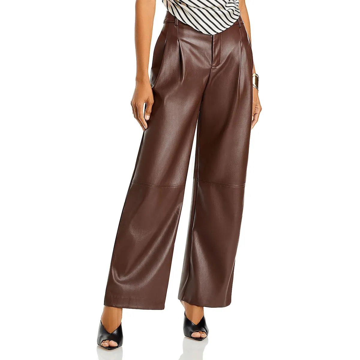 Womens Faux Leather Pleated Wide Leg Pants