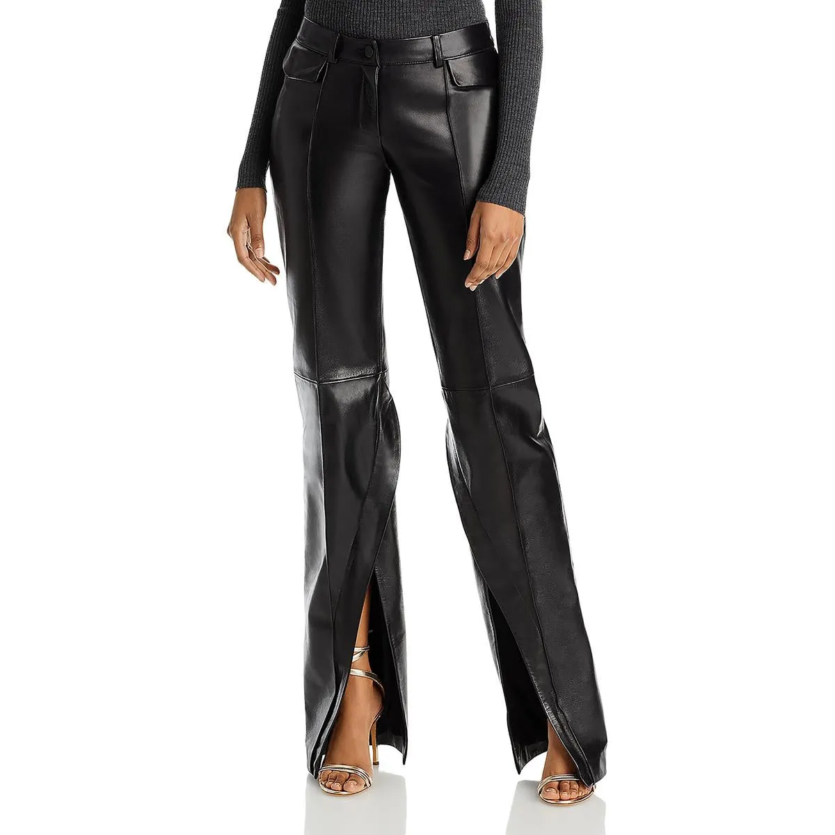 Womens Lambskin Leather High Rise Straight Leg Pants
