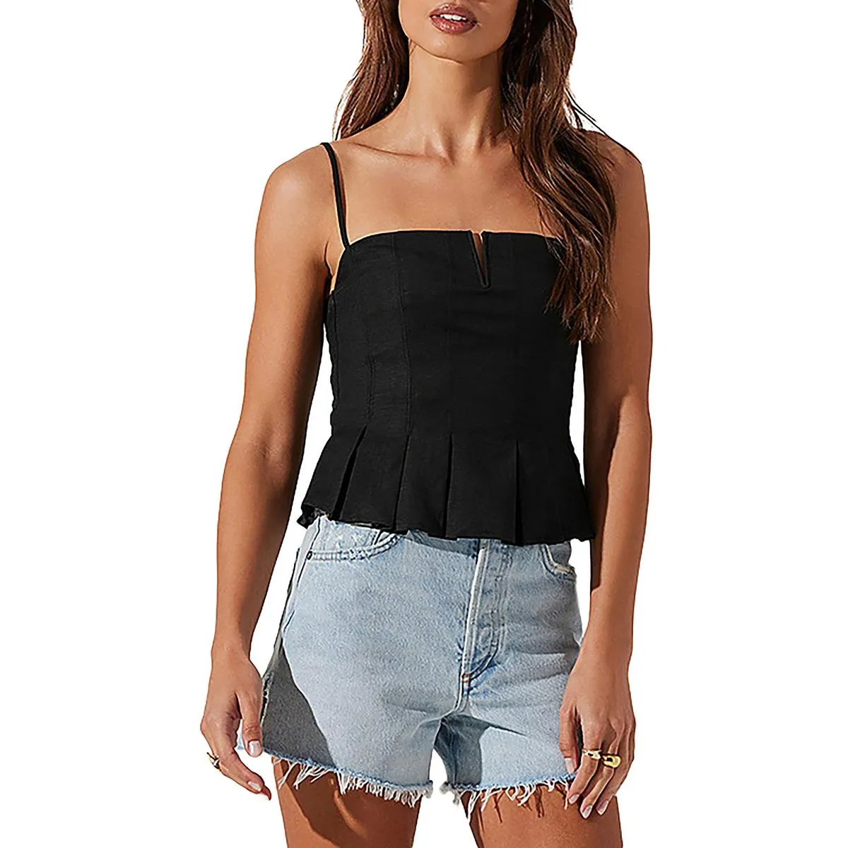 Womens Linen Blend Peplum Tank Top