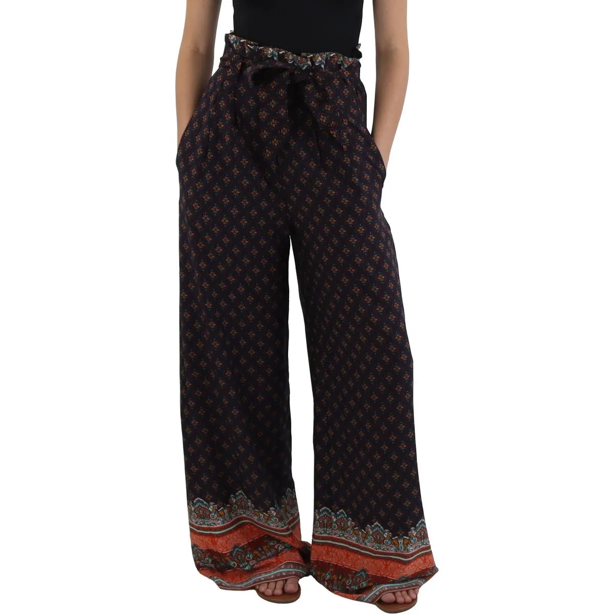 Womens Printed Paperbag High-Waisted Pants