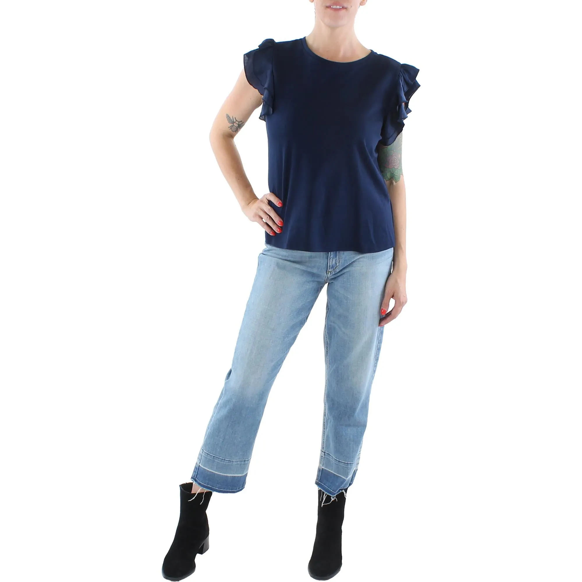 Womens Ruffled Sleeve Crewneck T-Shirt