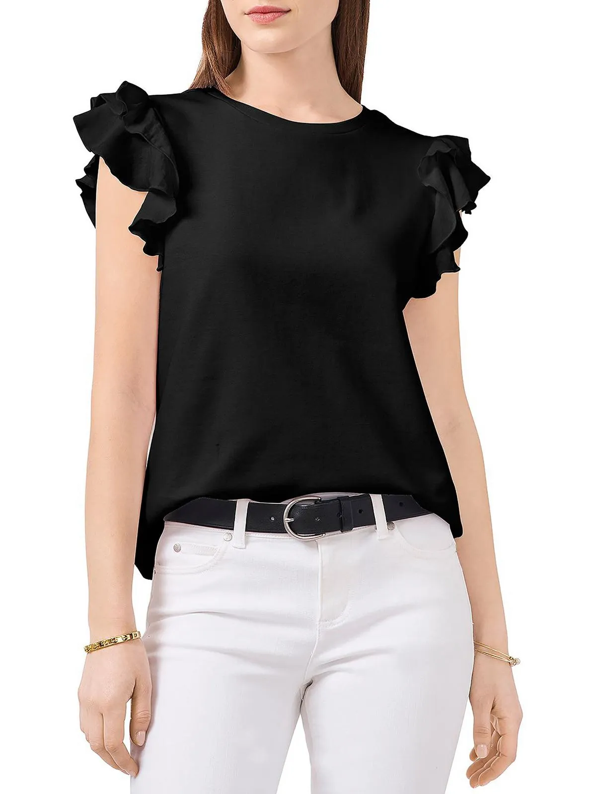 Womens Ruffled Sleeve Crewneck T-Shirt