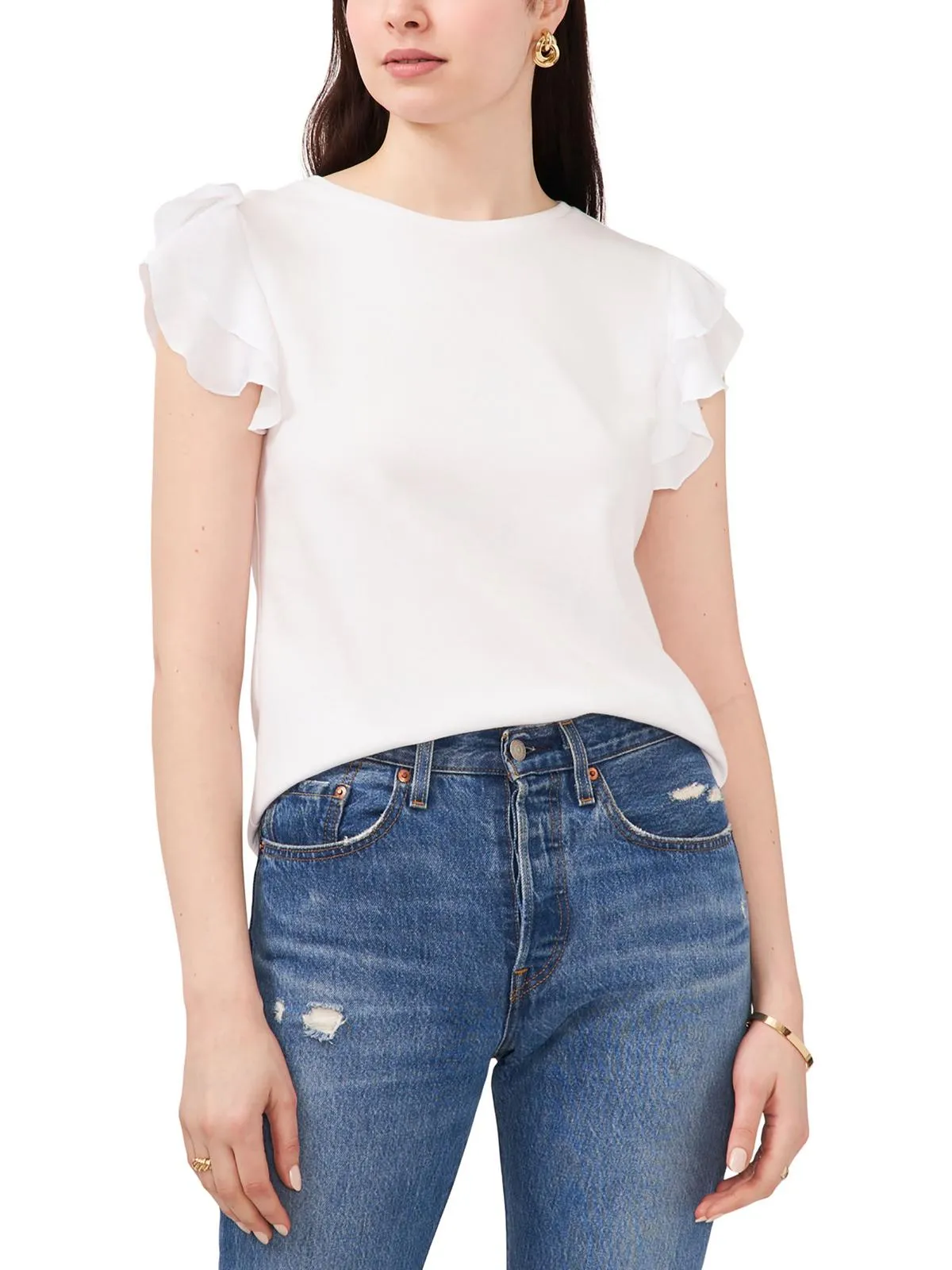Womens Ruffled Sleeve Crewneck T-Shirt