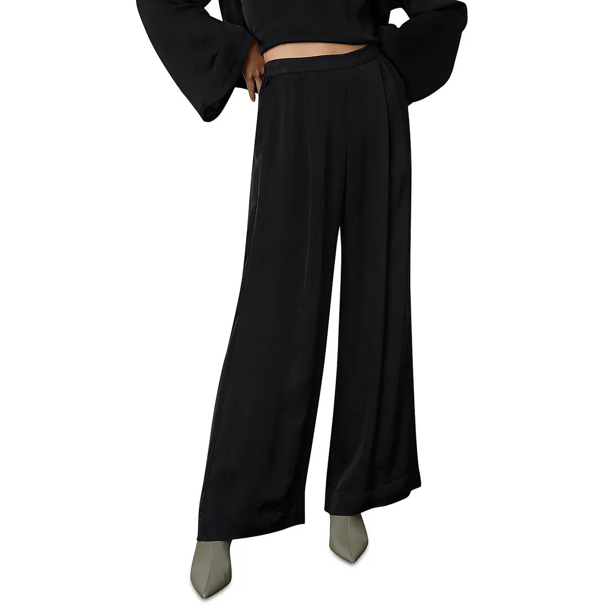 Womens Sateen Pleated Wide Leg Pants