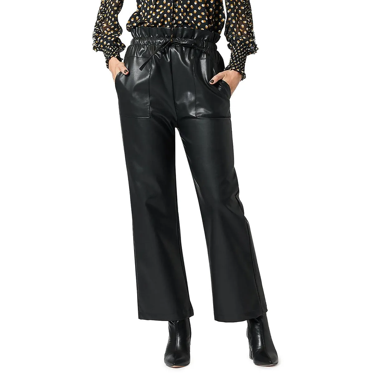 Womens Vegan Leather High Rise Wide Leg Pants