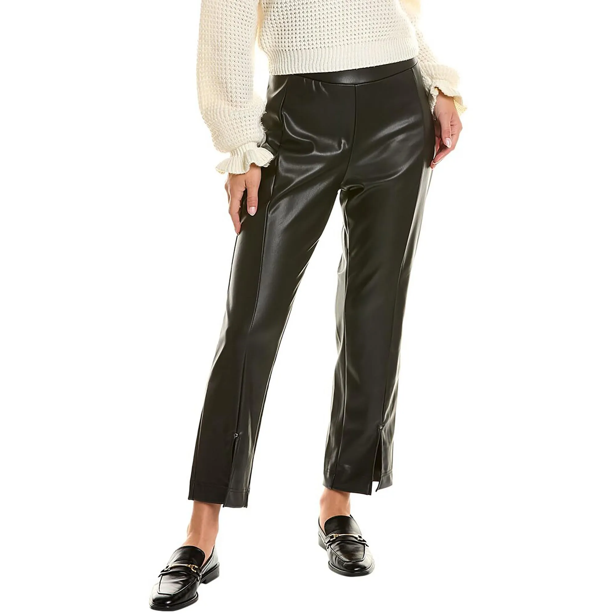 Womens Vegan Leather Split Hem High-Waisted Pants