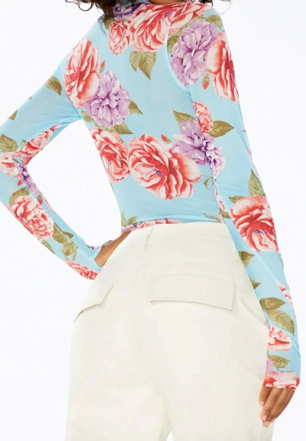 Zadie Power Mesh Turtleneck Top In Blue Bouquet