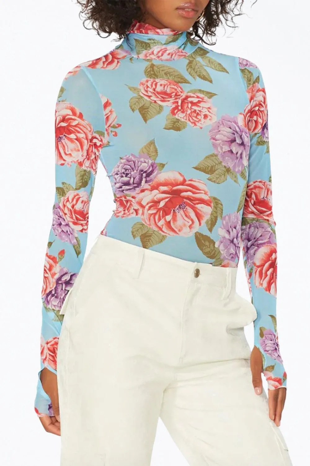 Zadie Power Mesh Turtleneck Top In Blue Bouquet